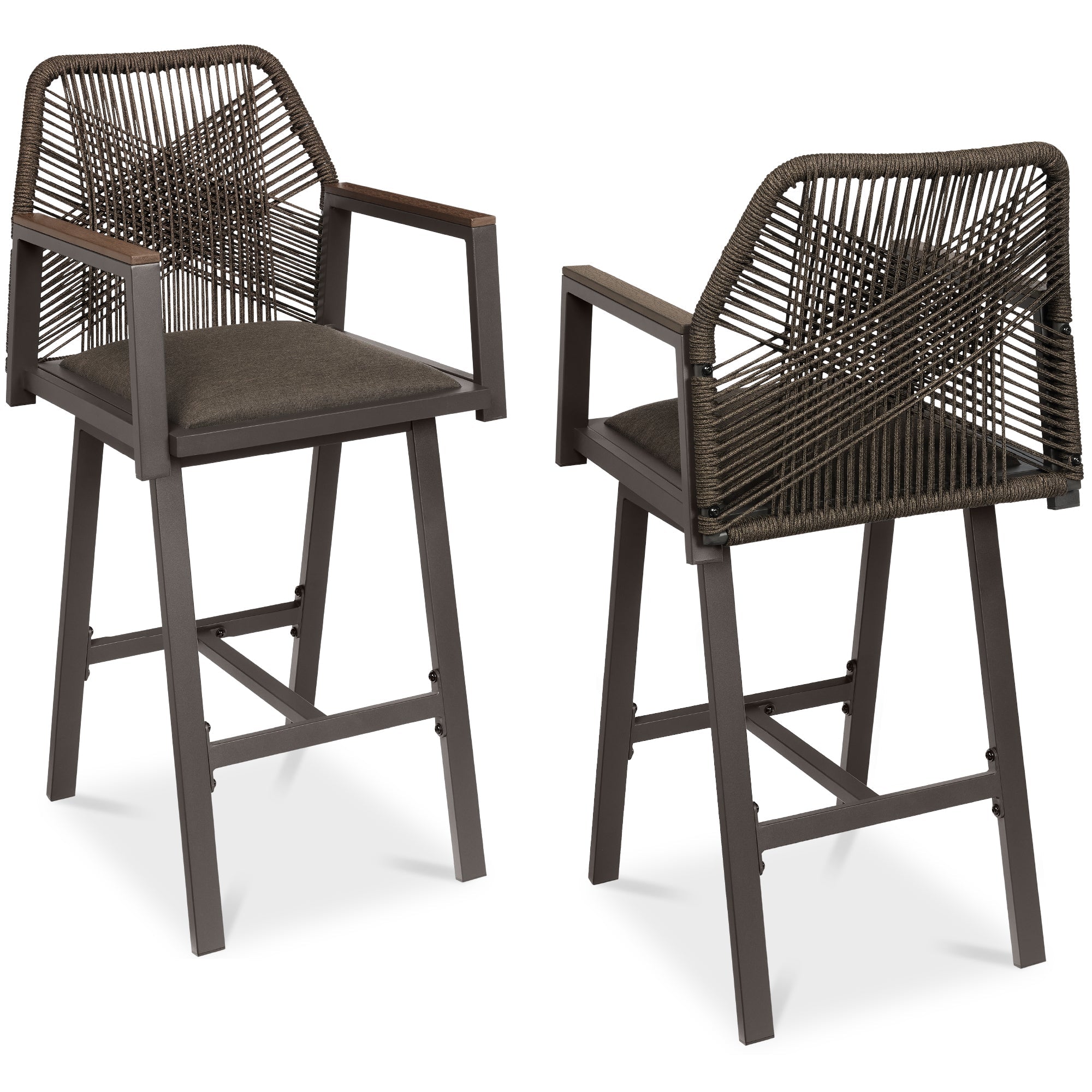 Set of 2 Indoor/Outdoor Aluminum Swivel Barstools with Arms All-Weather Rope - Brown/Mocha