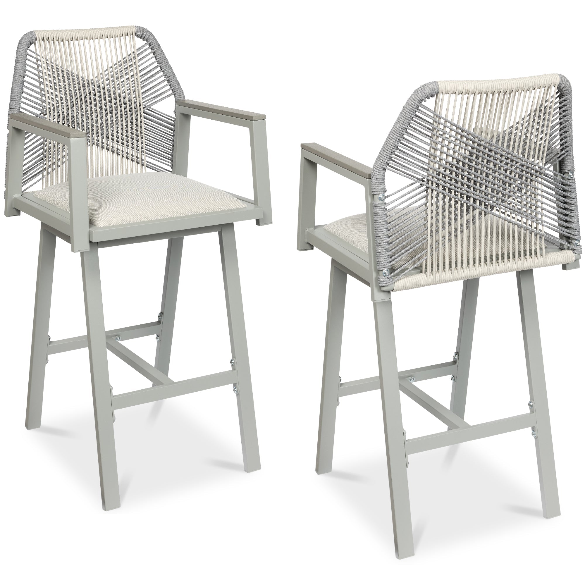 Set of 2 Indoor/Outdoor Aluminum Swivel Barstools with Arms All-Weather Rope - Gray/Meteor