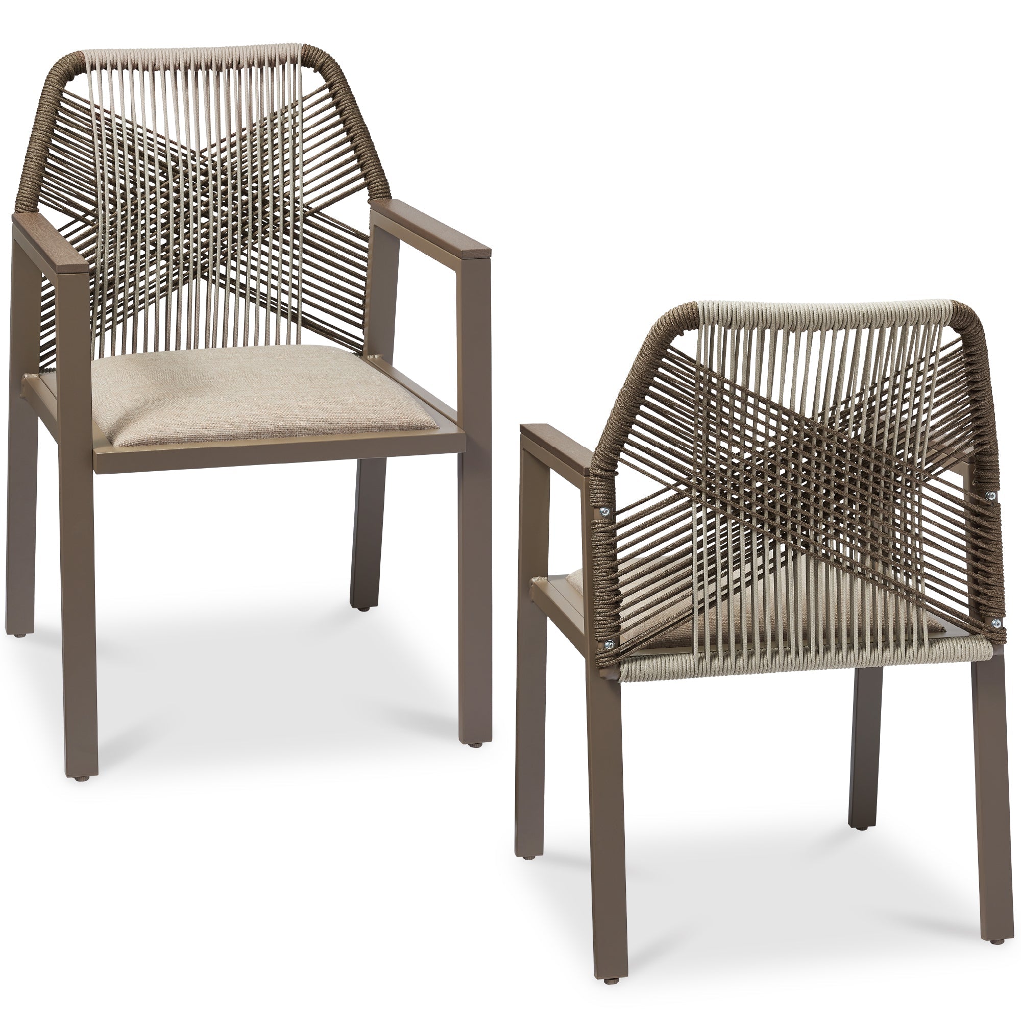 Set of 2 Indoor/Outdoor Aluminum Dining Chairs with Arms All-Weather Rope - Taupe/Sandstorm