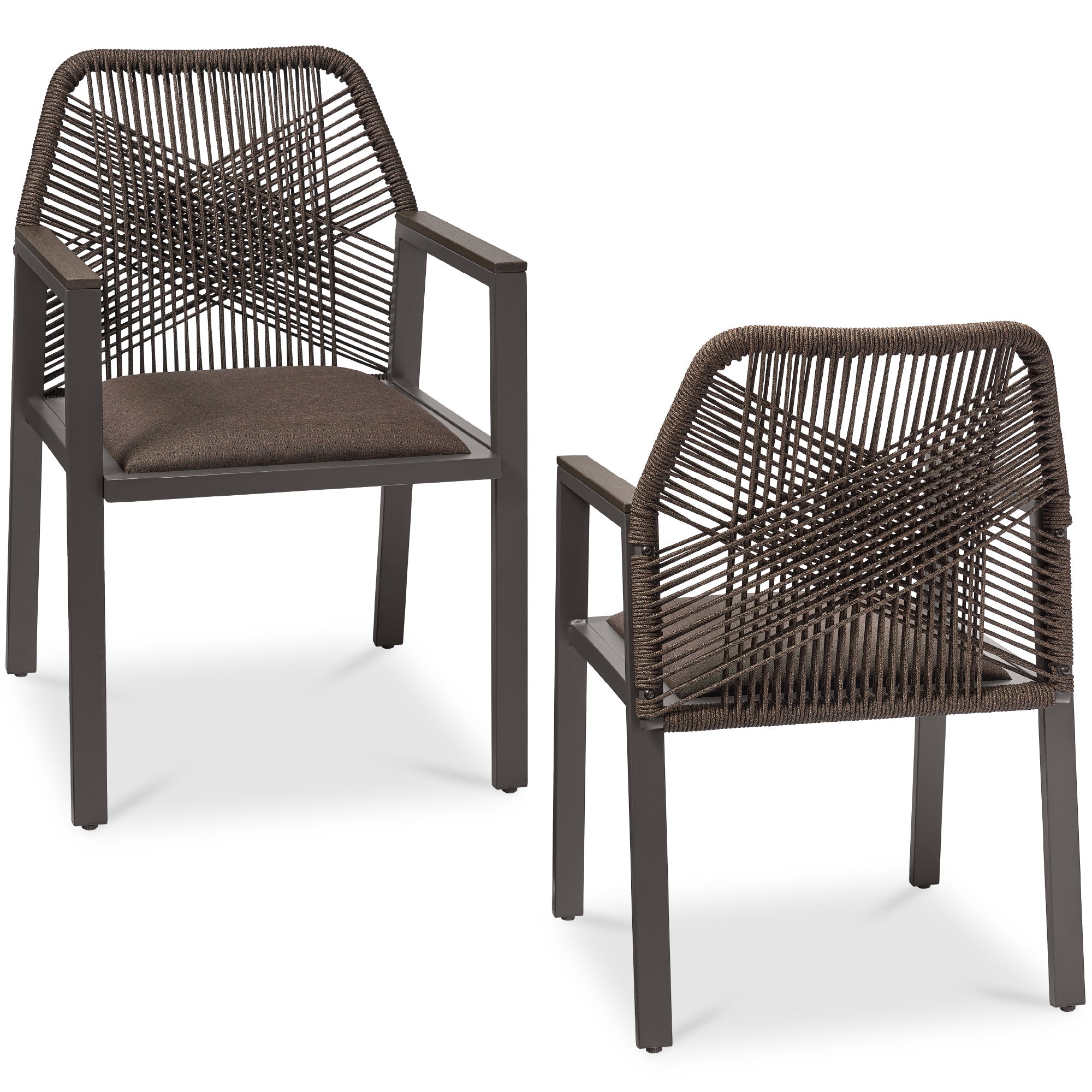 Set of 2 Indoor/Outdoor Aluminum Dining Chairs with Arms All-Weather Rope - Brown/Mocha