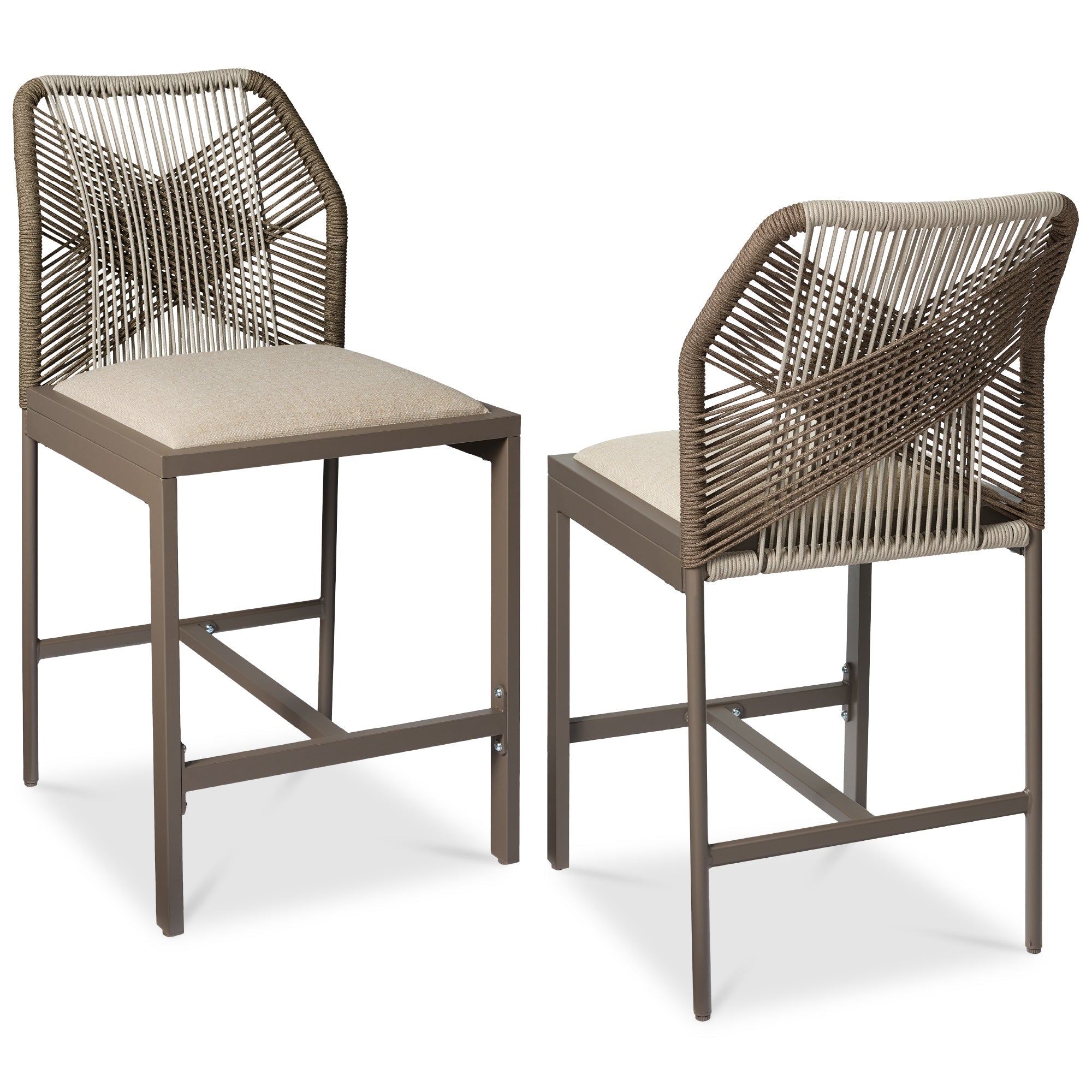 Set of 2 Indoor Outdoor Counter Height Bar Stools w/ All-Weather Rope - Taupe/Sandstorm