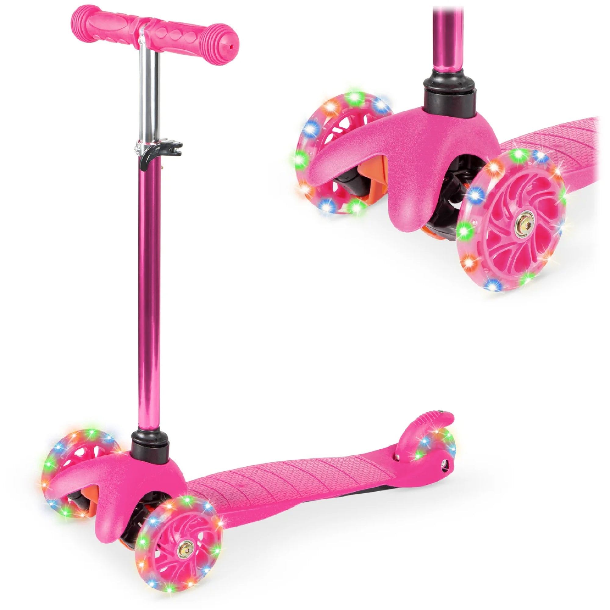 Kids Mini Kick Scooter Toy w/ Colorful Light-Up Wheels, Adjustable T-Bar - Light Pink