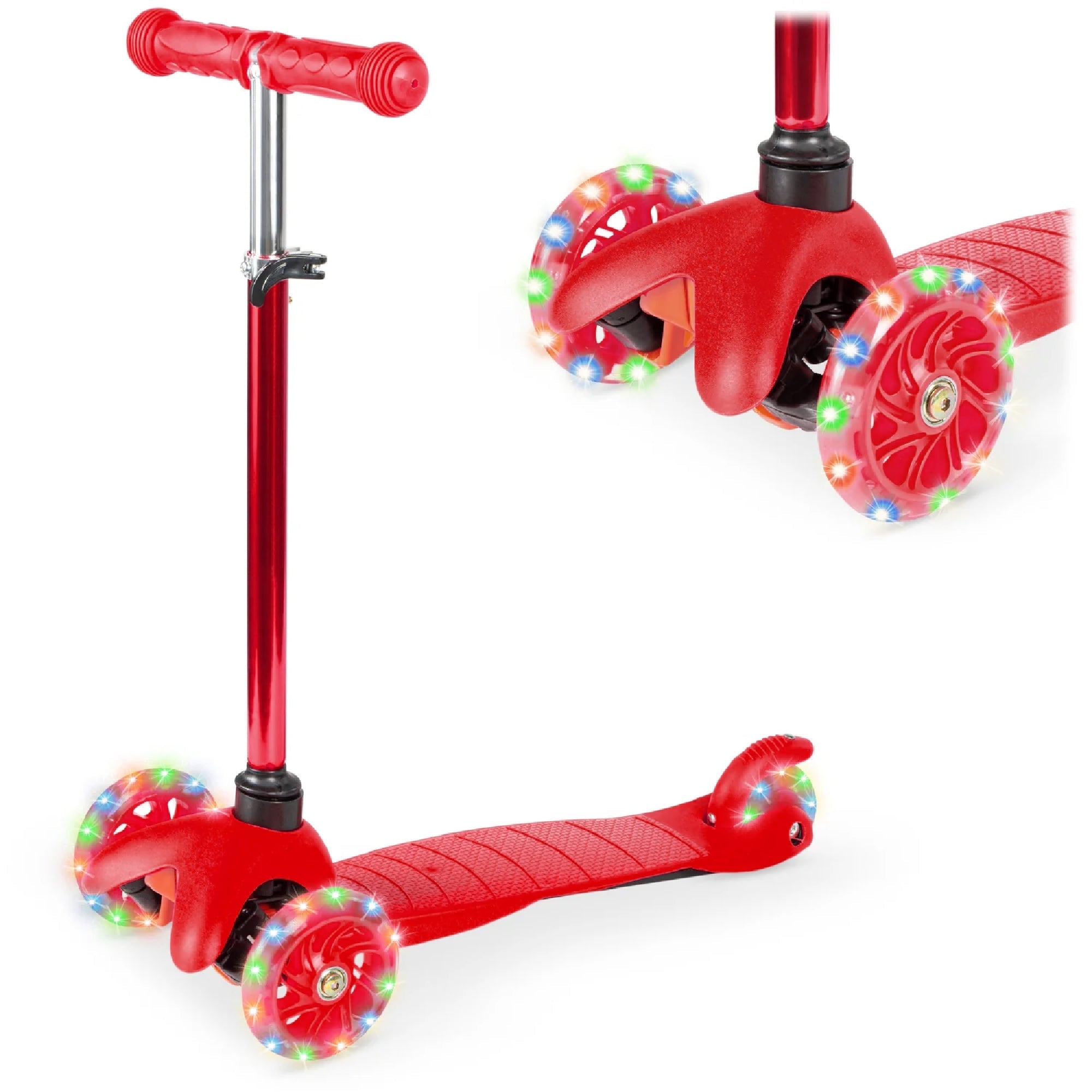 Kids Mini Kick Scooter Toy w/ Colorful Light-Up Wheels, Adjustable T-Bar - Red