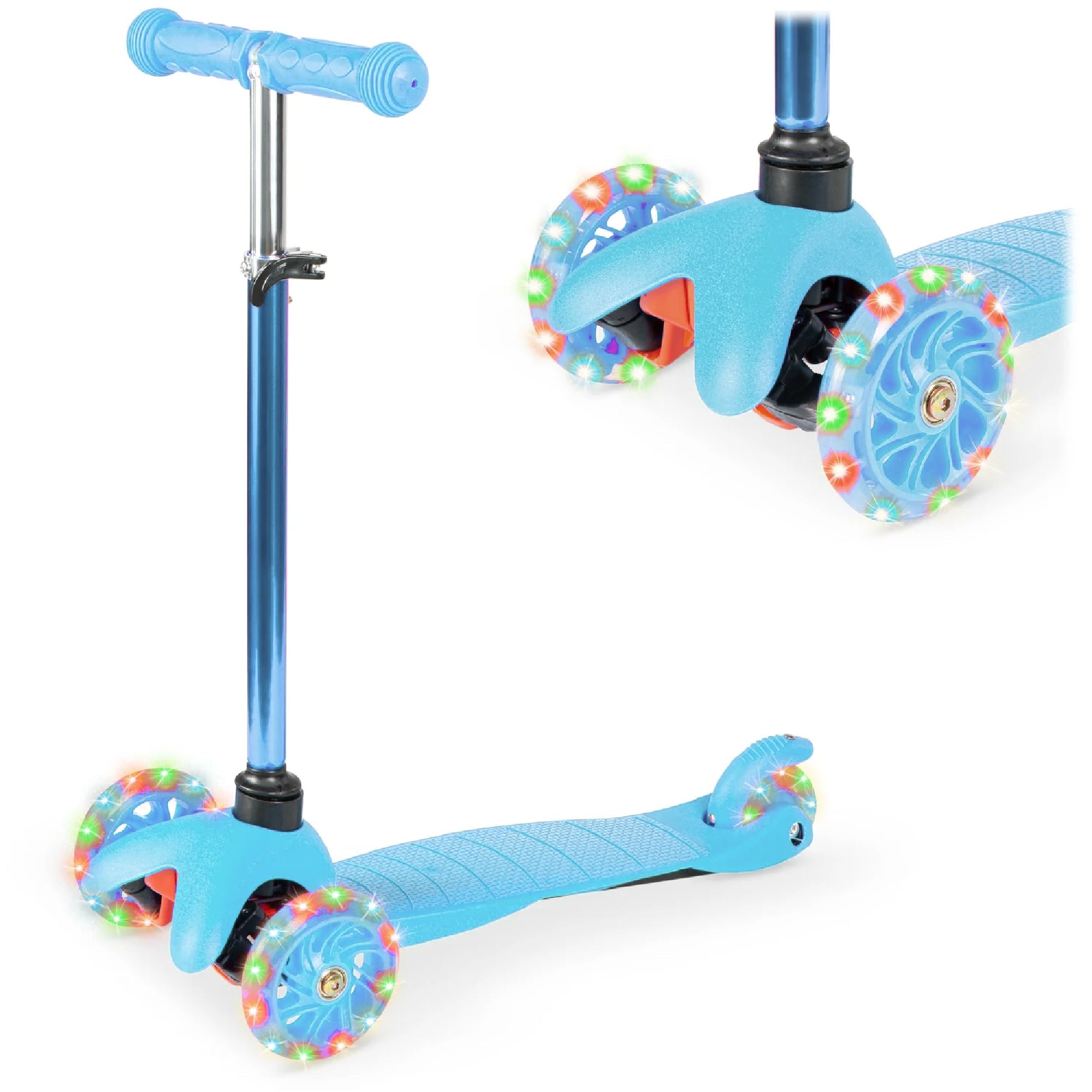Kids Mini Kick Scooter Toy w/ Colorful Light-Up Wheels, Adjustable T-Bar - Light Blue