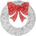 Pre-Lit Outdoor Christmas Wreath, LED Metal Holiday Decor w/ Bow - 36in - Silver/Red
