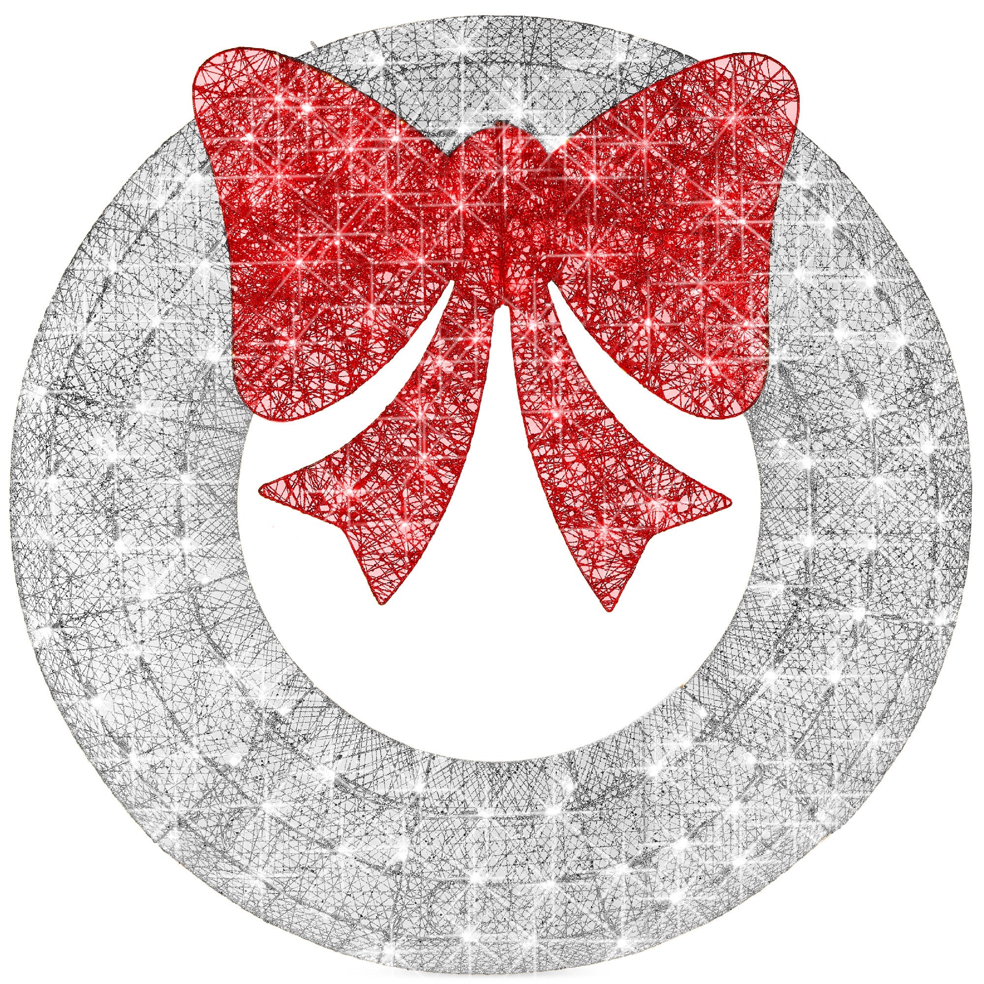 Pre-Lit Outdoor Christmas Wreath, LED Metal Holiday Decor w/ Bow - 36in - Silver/Red
