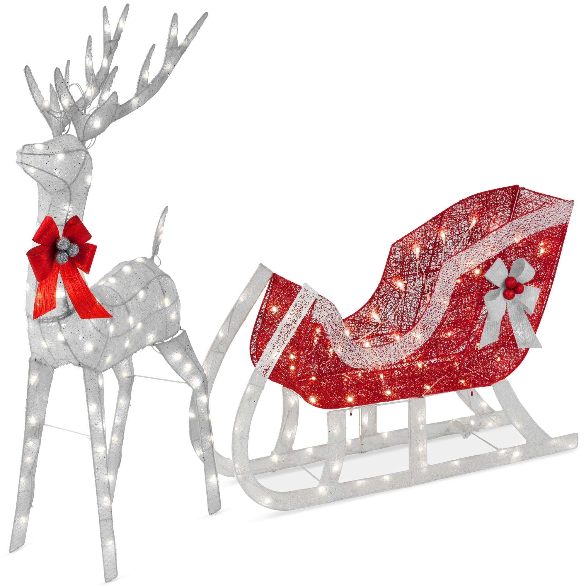 Lighted Christmas Reindeer & Sleigh Outdoor Decor Set w/ LED Lights - Silver