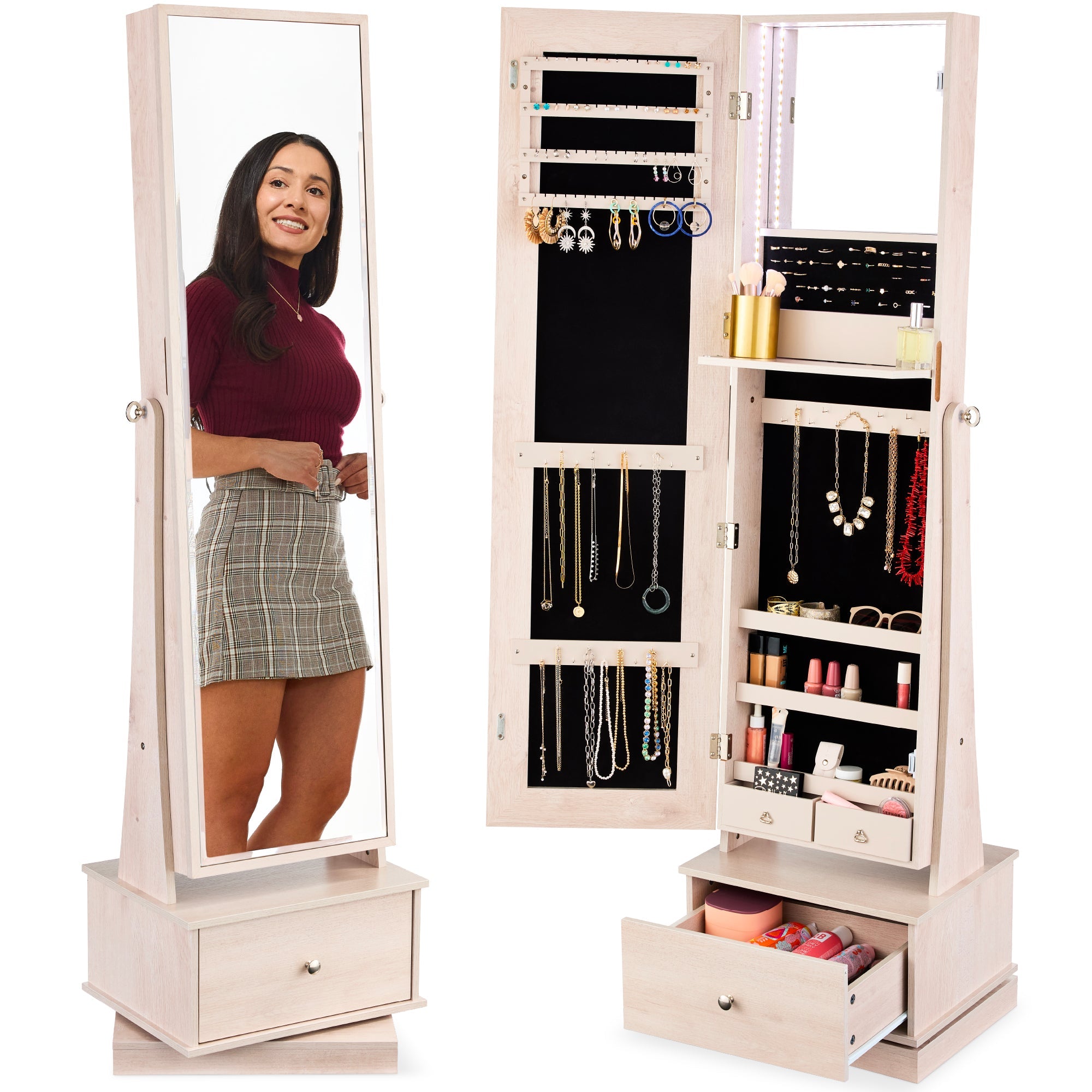 360 Swivel Mirrored Jewelry Cabinet Armoire w/ LED Lights, Mirror - Coastal White
