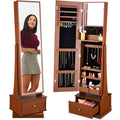 360 Swivel Mirrored Jewelry Cabinet Armoire w/ LED Lights, Mirror - Walnut