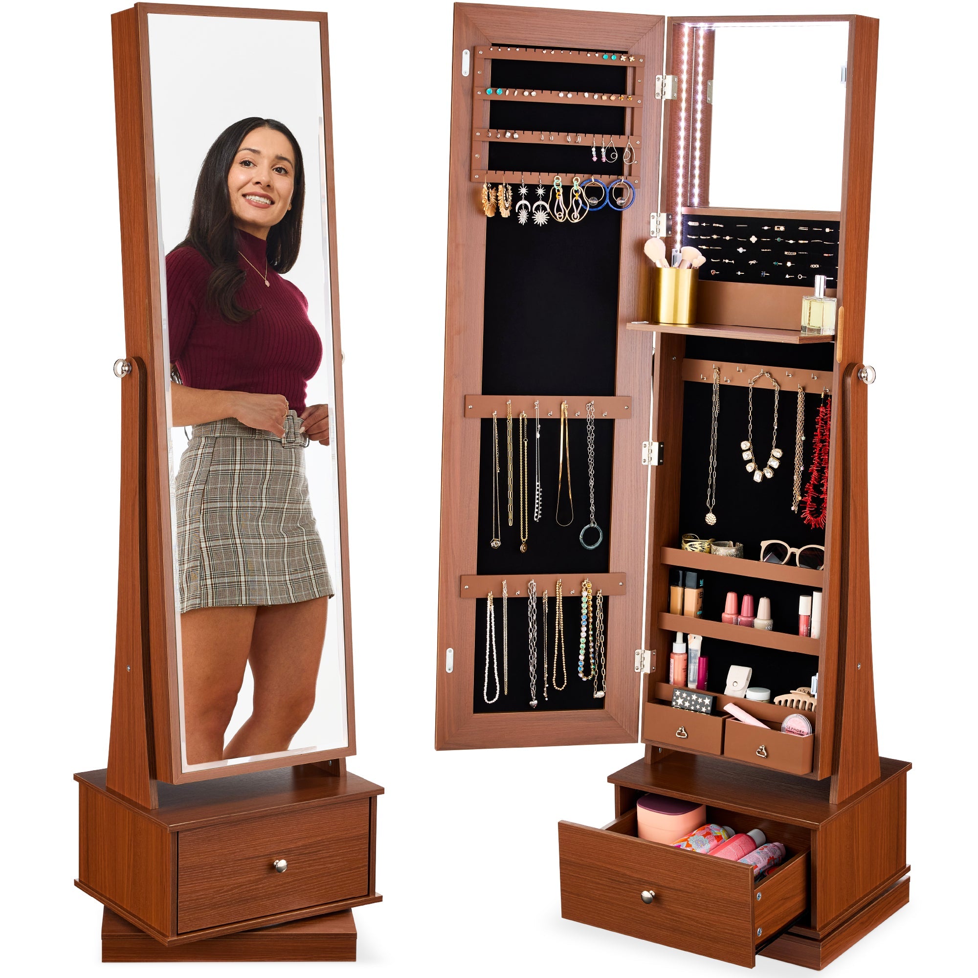 360 Swivel Mirrored Jewelry Cabinet Armoire w/ LED Lights, Mirror - Walnut