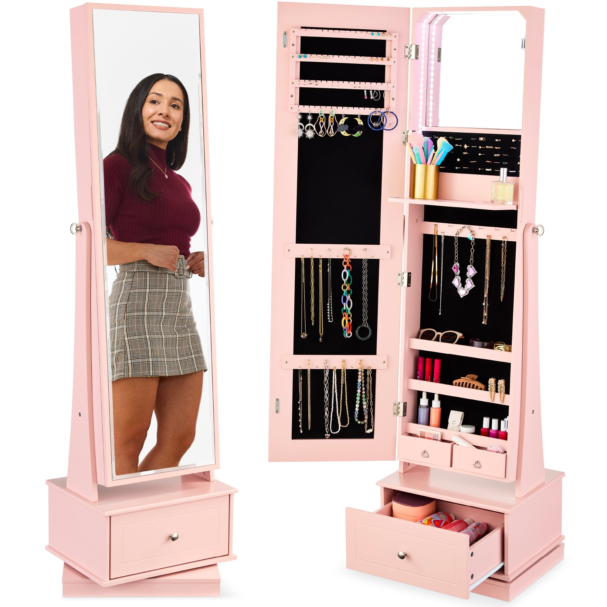 360 Swivel Mirrored Jewelry Cabinet Armoire w/ LED Lights, Mirror - Dusty Pink