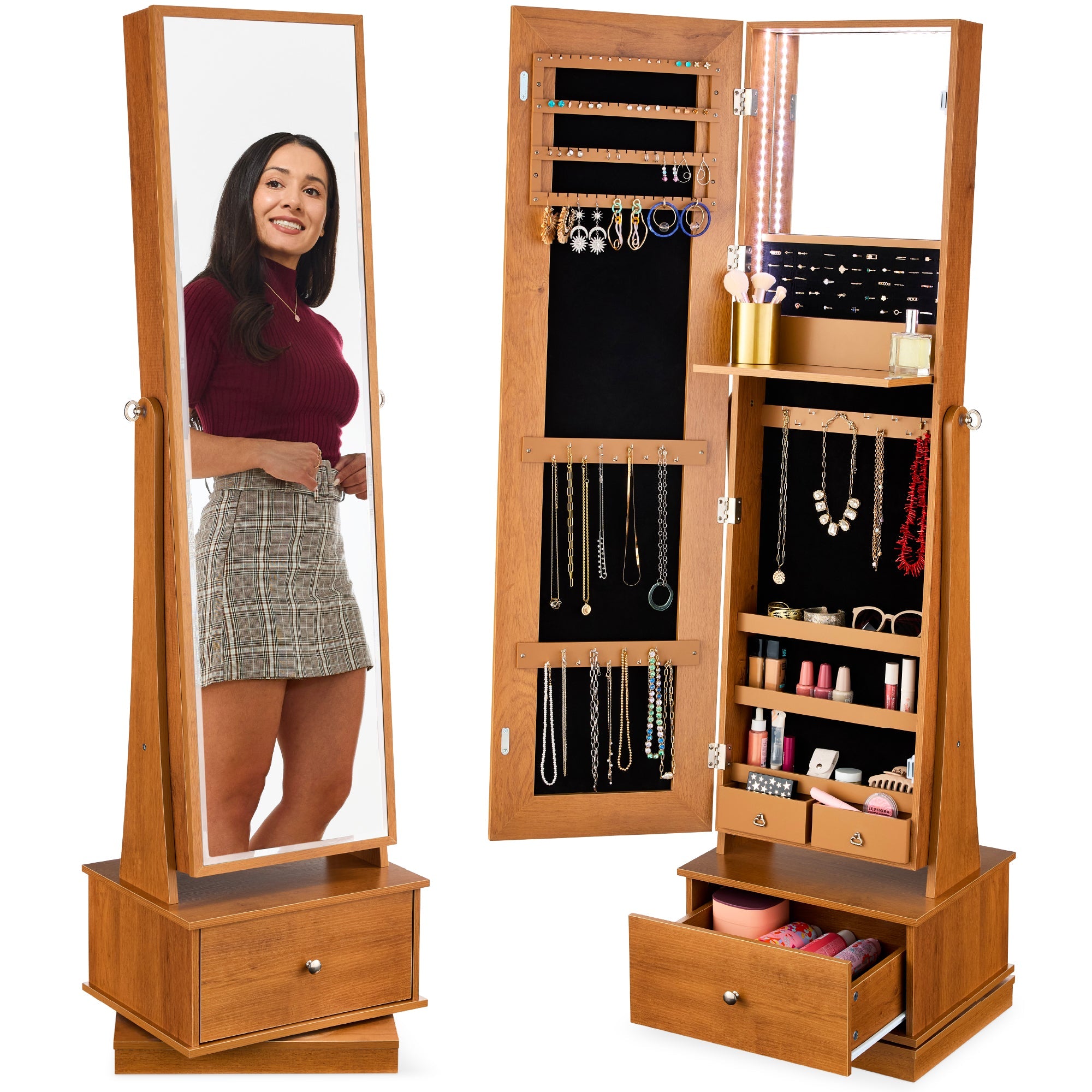 360 Swivel Mirrored Jewelry Cabinet Armoire w/ LED Lights, Mirror - Rustic Brown