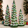 Set of 3 Pre-Lit Ceramic Tabletop Christmas Trees - Flocked Green w/ Multicolor Lights