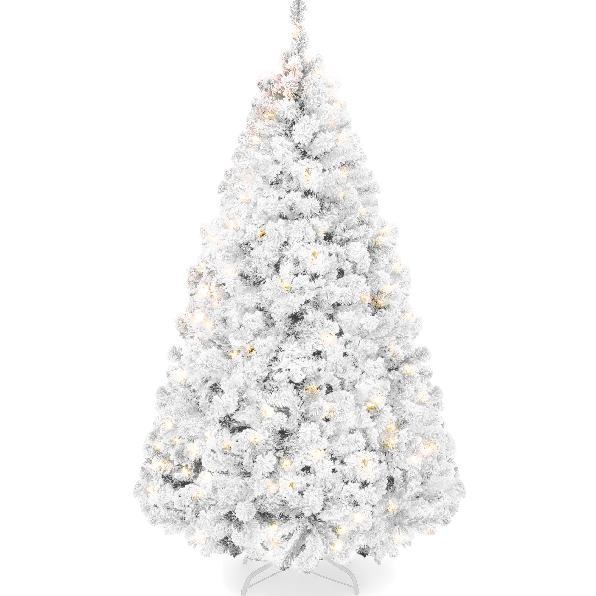Pre-Lit White Snow Flocked Artificial Pine Christmas Tree w/ 2-in-1 Lights - 7.5ft