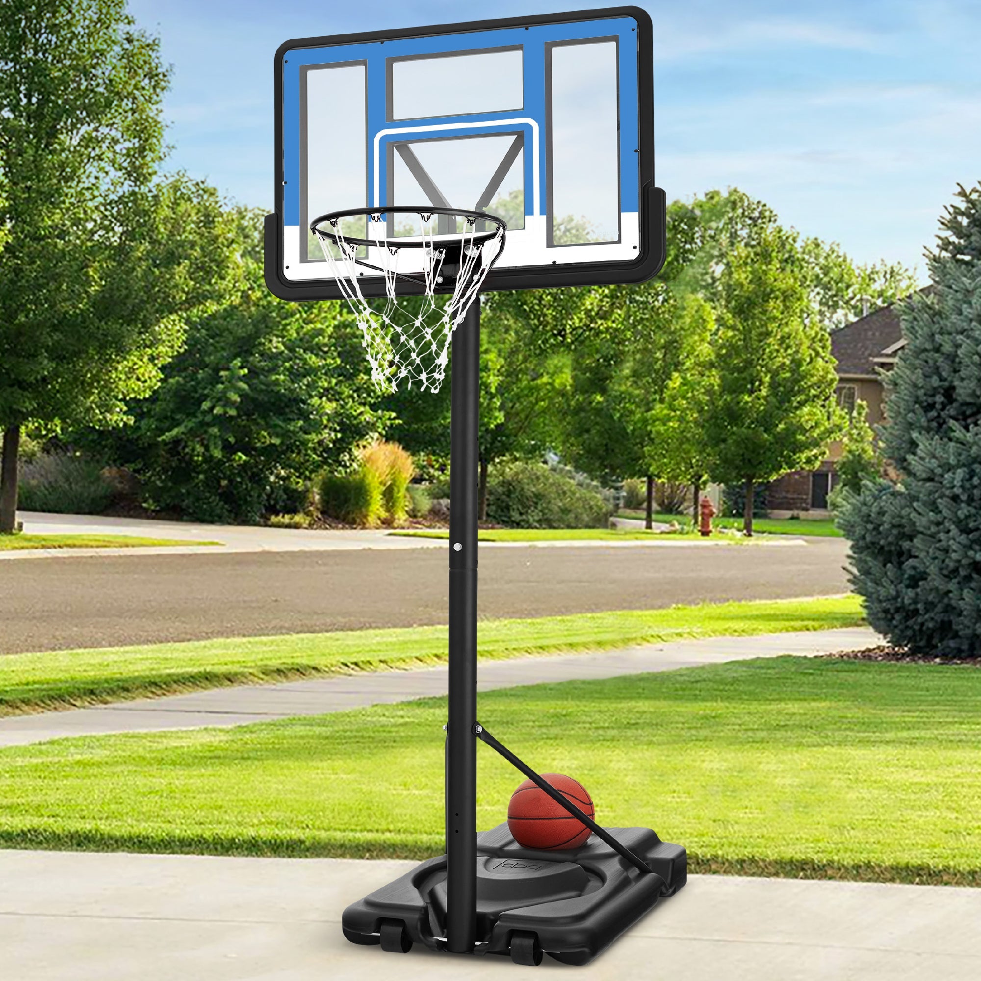 Adjustable Regulation-Size Basketball Hoop w/ Fillable Base, 2 Wheels - Blue/White