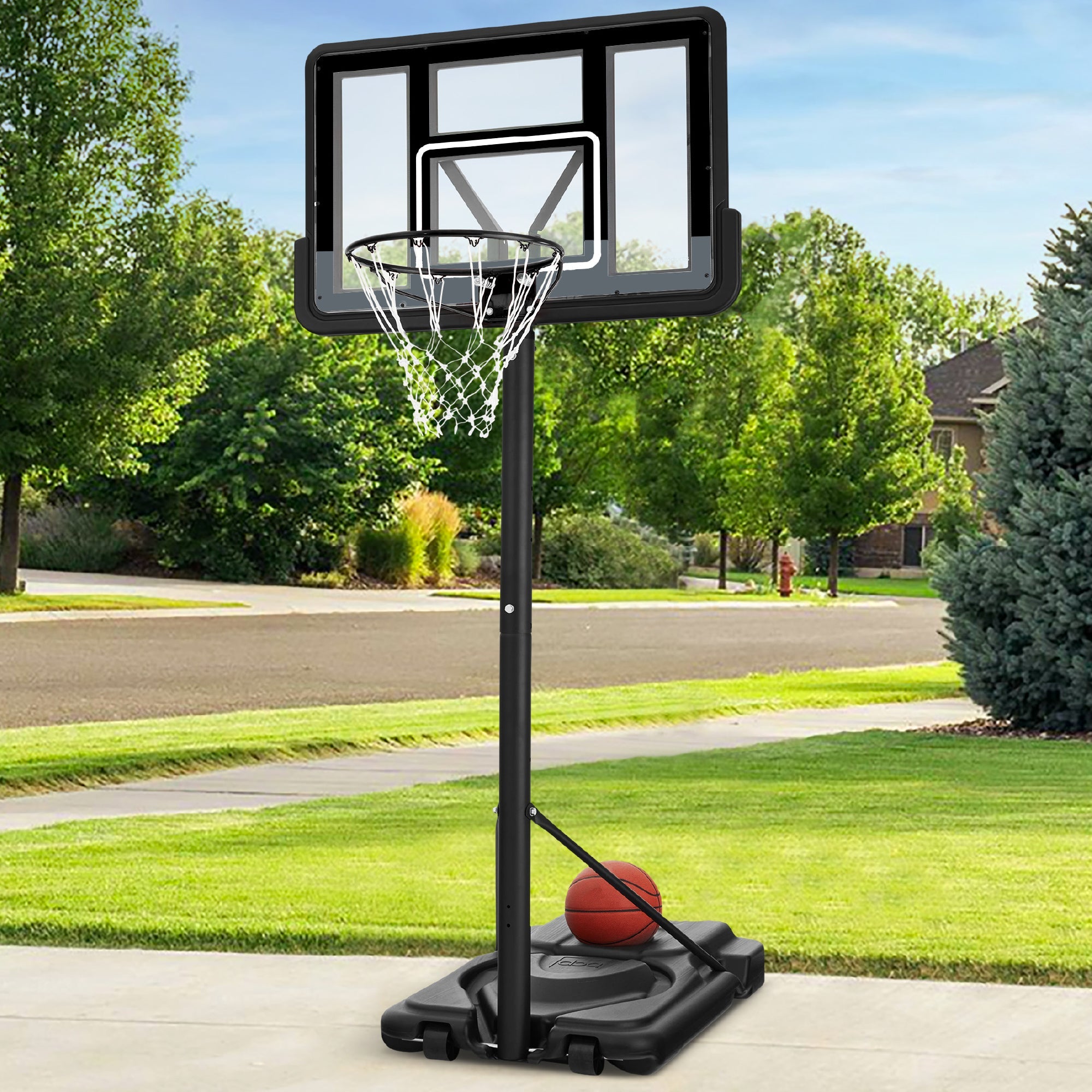 Adjustable Regulation-Size Basketball Hoop w/ Fillable Base, 2 Wheels - Black/Silver