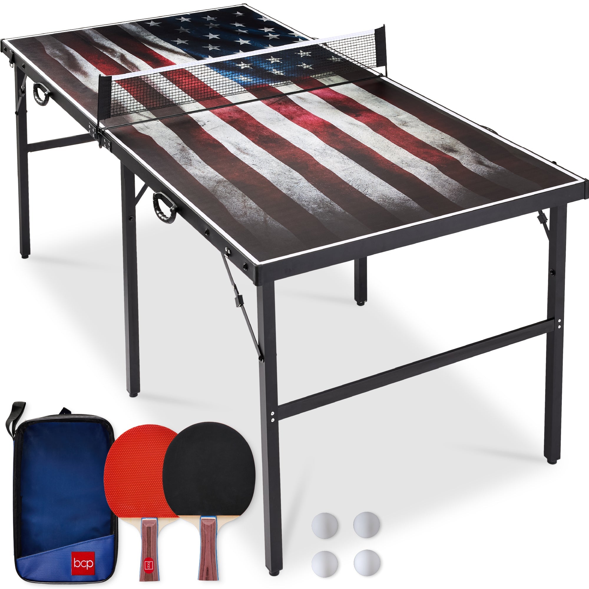 Portable Ping Pong Table Tennis Game Set w/ Paddles, Balls - 6x3ft - American Flag