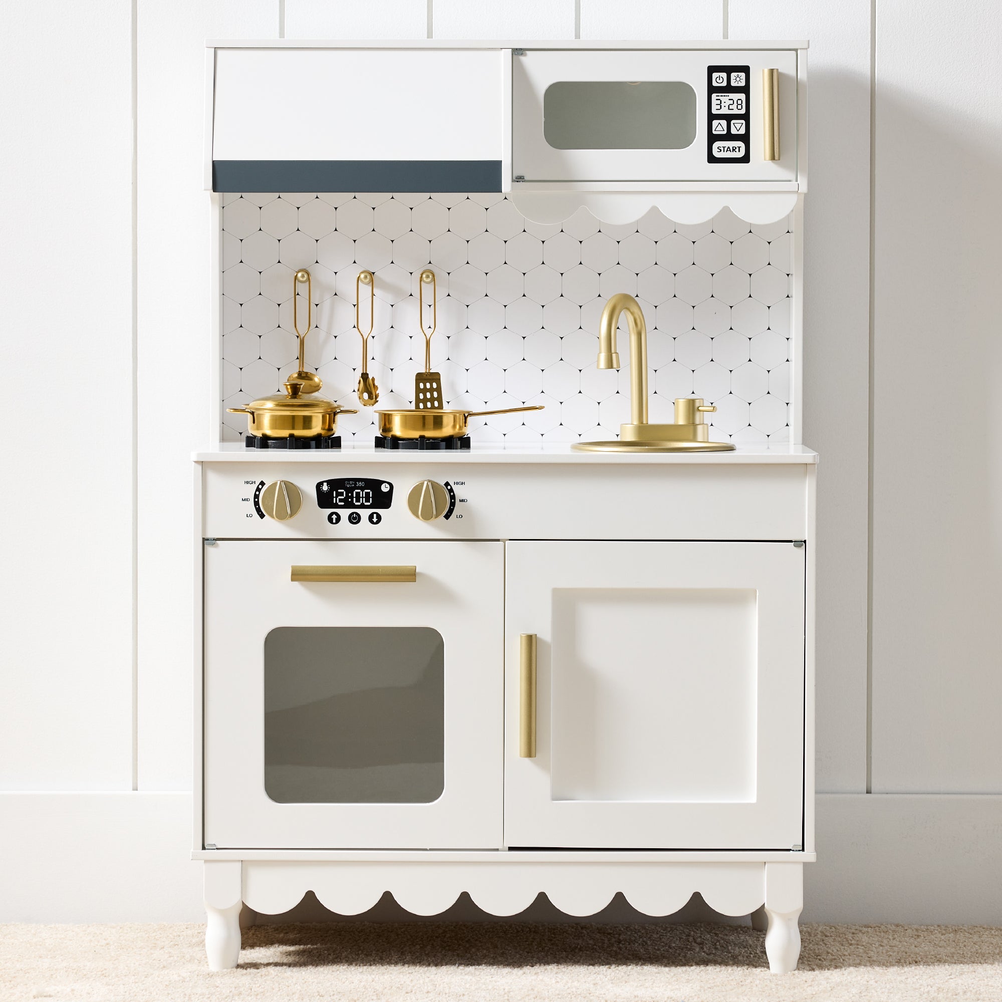 Pretend Play Cottage Kitchen Wooden Toy Set for Kids w/ 5 Accessories - White