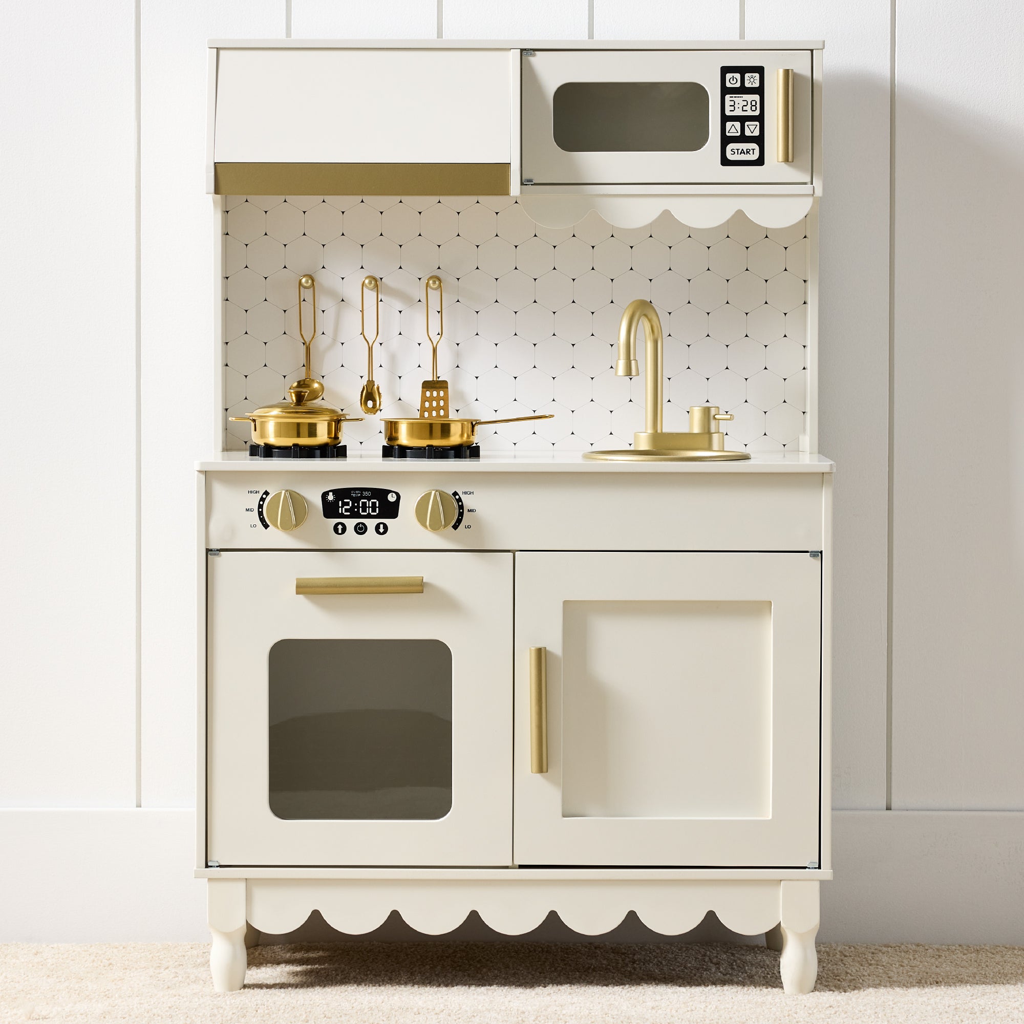 Pretend Play Cottage Kitchen Wooden Toy Set for Kids w/ 5 Accessories - Cream