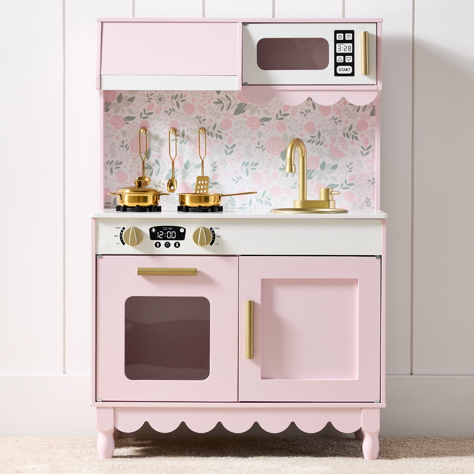 Pretend Play Cottage Kitchen Wooden Toy Set for Kids w/ 5 Accessories - Pink