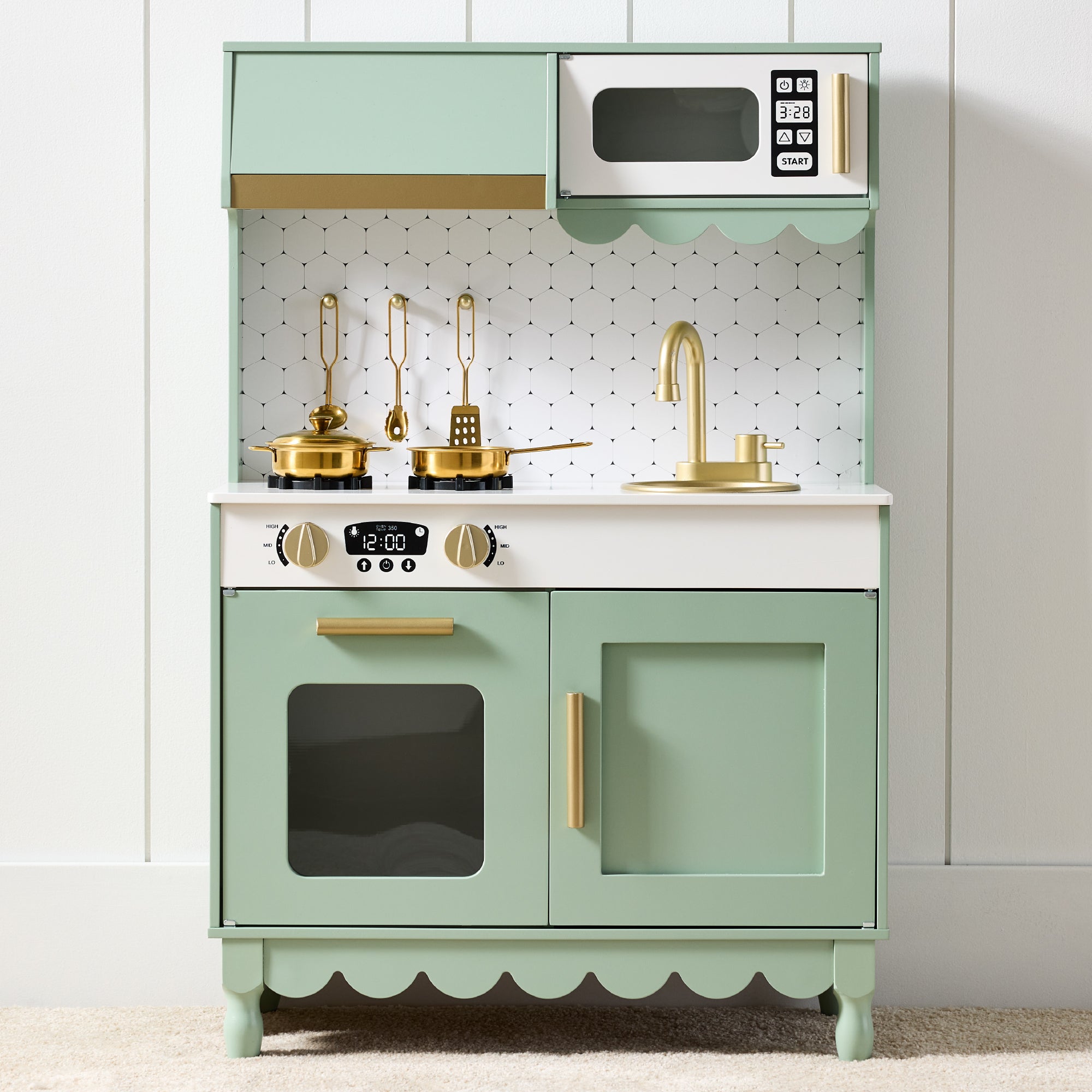 Pretend Play Cottage Kitchen Wooden Toy Set for Kids w/ 5 Accessories - Sage