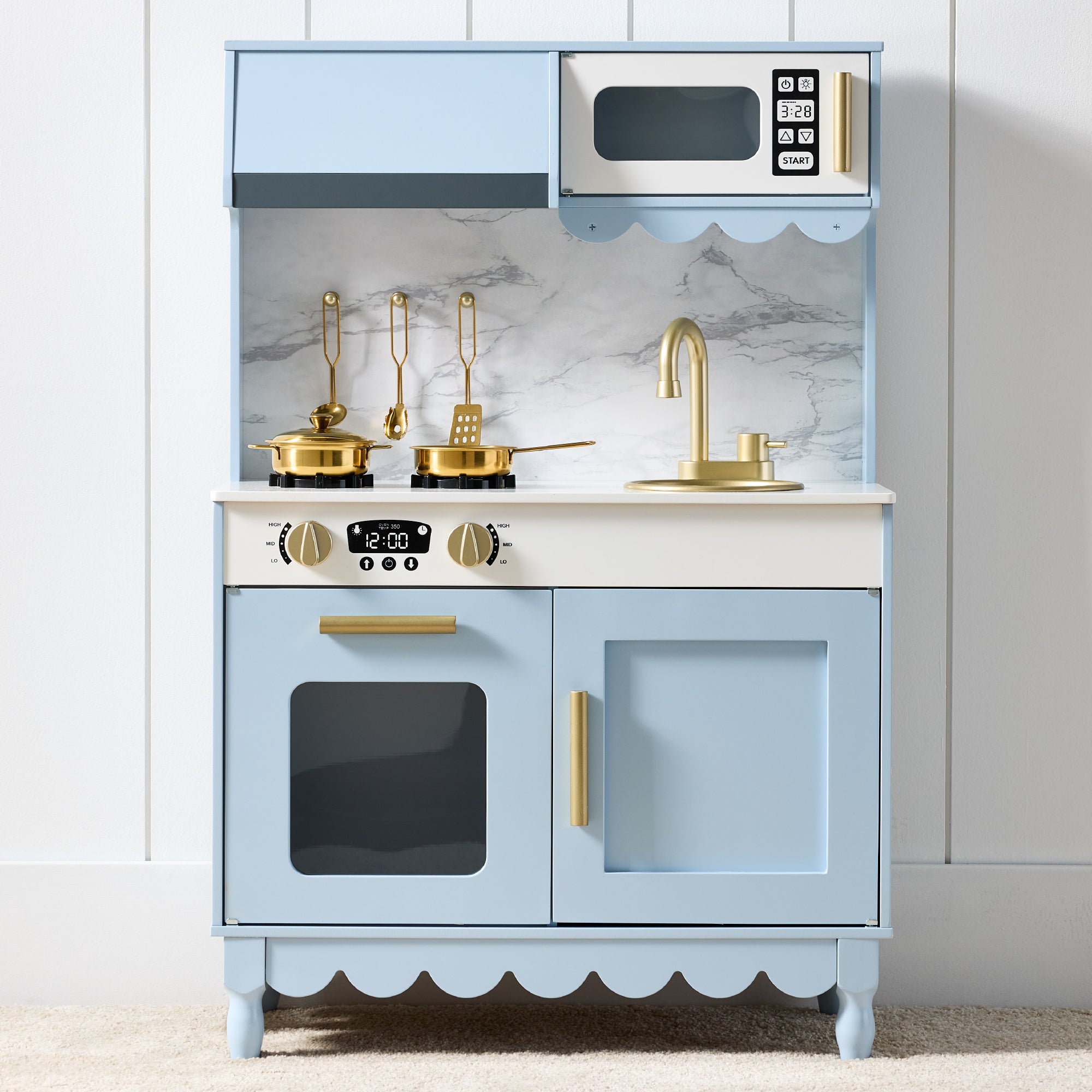 Pretend Play Cottage Kitchen Wooden Toy Set for Kids w/ 5 Accessories - Blue