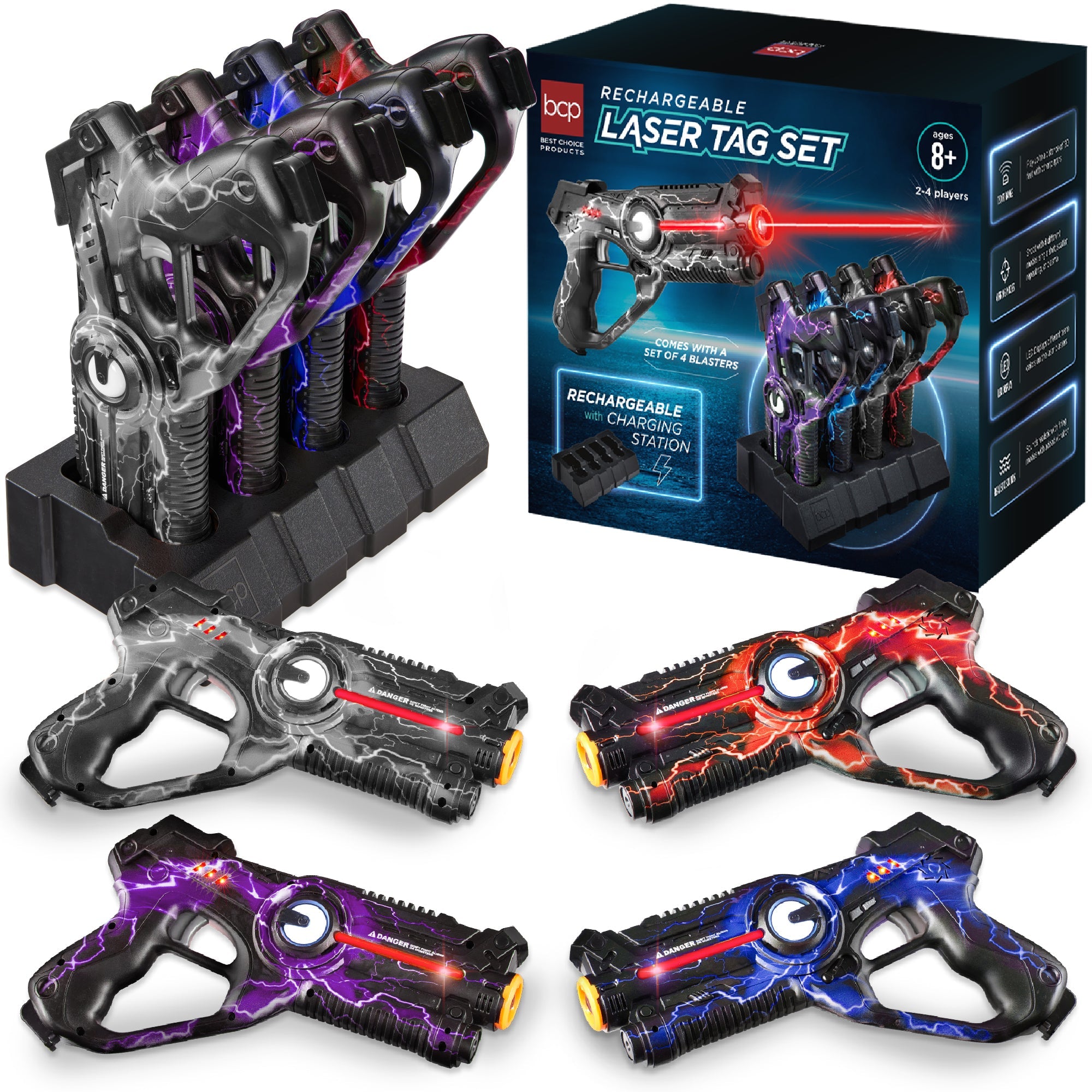 Set of 4 Rechargeable Laser Tag Blasters w/ Docking Station, No Vests Needed - Gray/ Purple/ Red/ Blue