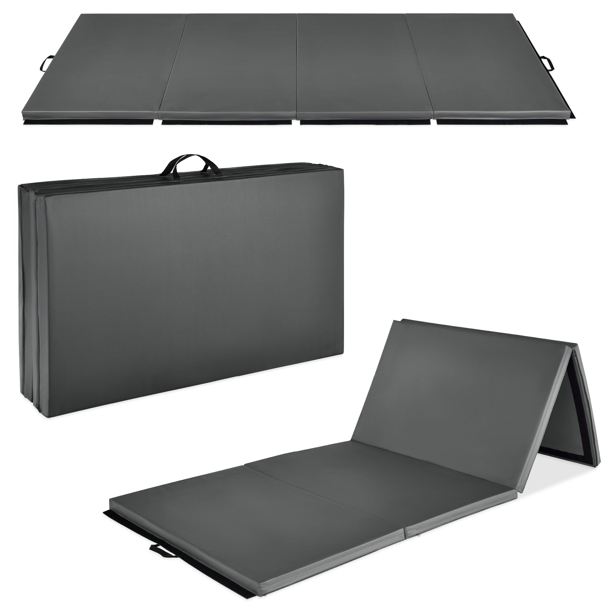Folding Exercise Fitness Workout Gym Floor Mat w/ Handles - Charcoal