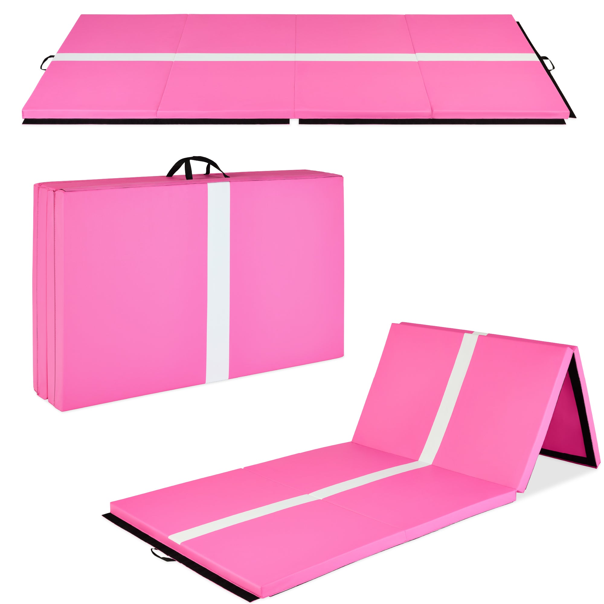 Folding Exercise Fitness Workout Gym Floor Mat w/ Handles - Pink Stripe