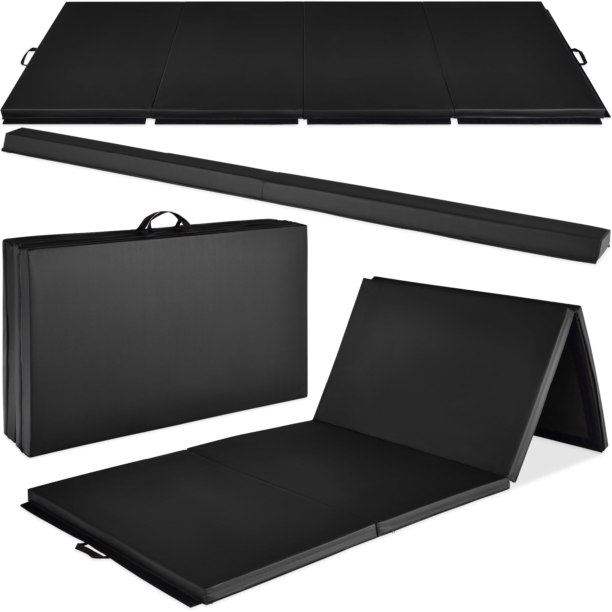 Folding Exercise Fitness Floor Mat w/ Handles & Balance Beam - Black
