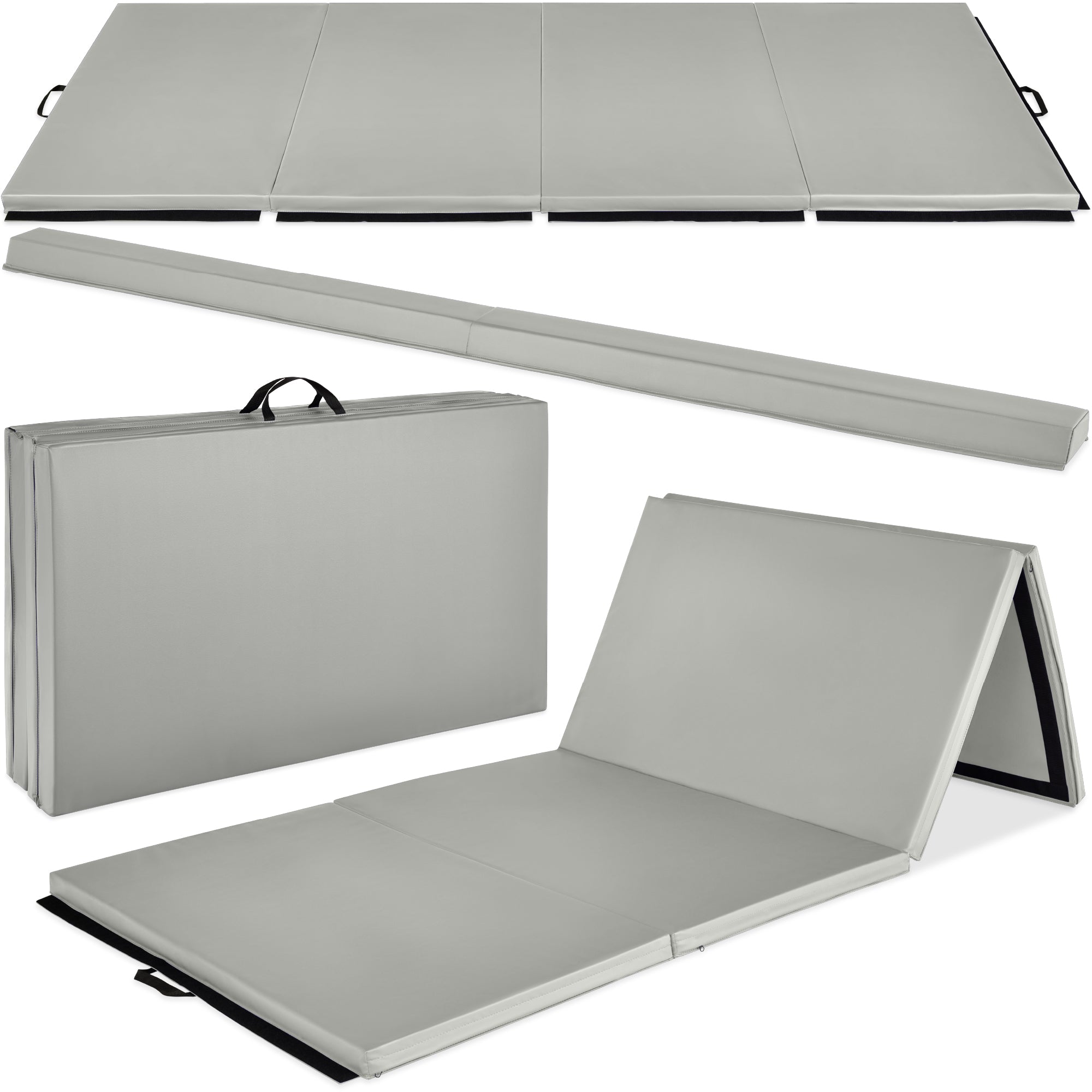 Folding Exercise Fitness Floor Mat w/ Handles & Balance Beam - Gray