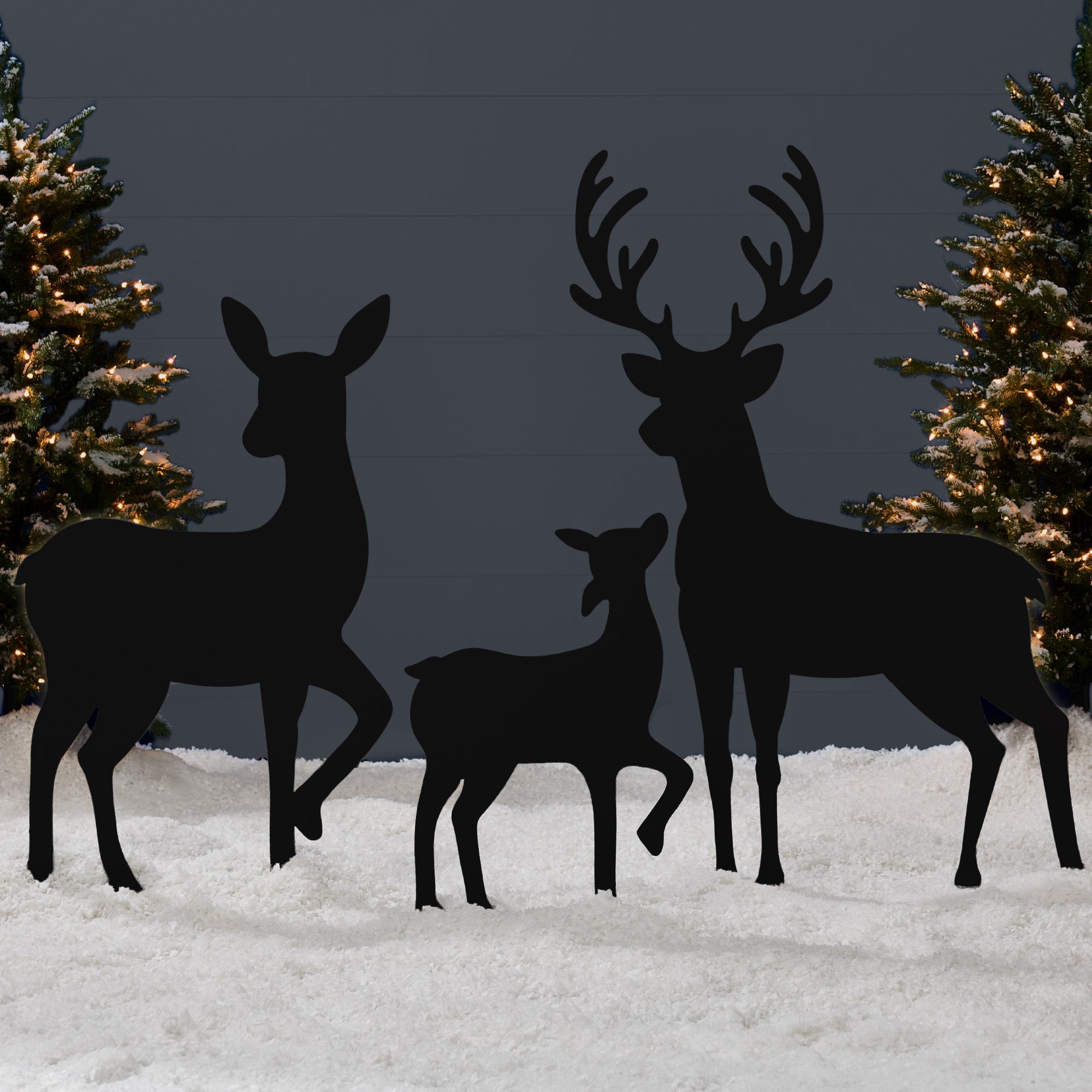 3-Piece 2D Deer Family Silhouette Yard Decoration w/ Buck, Doe, Fawn - 46in - Black