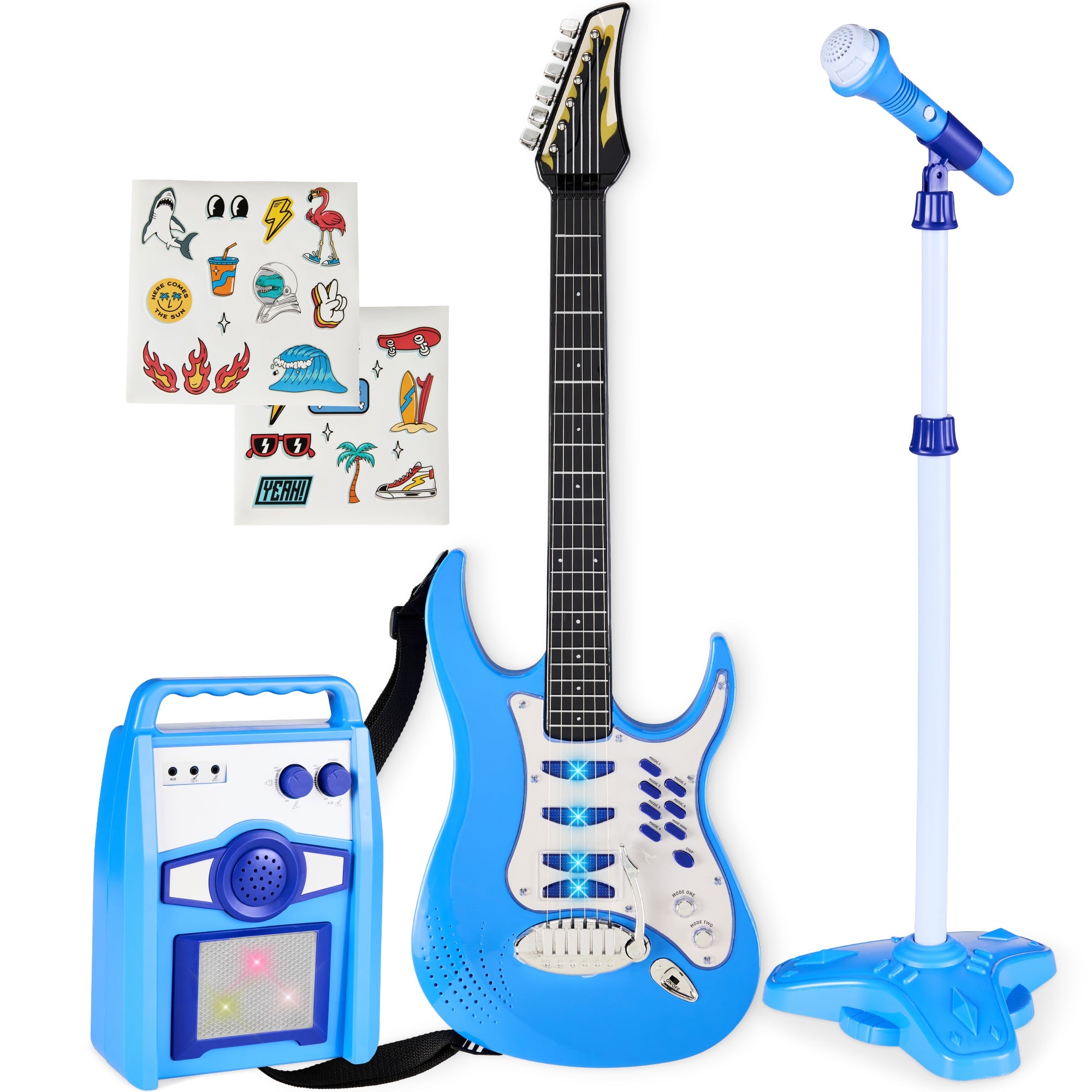 Kids Electric Guitar Toy Play Set w/ 6 Songs, Microphone, Amp - Electric Blue