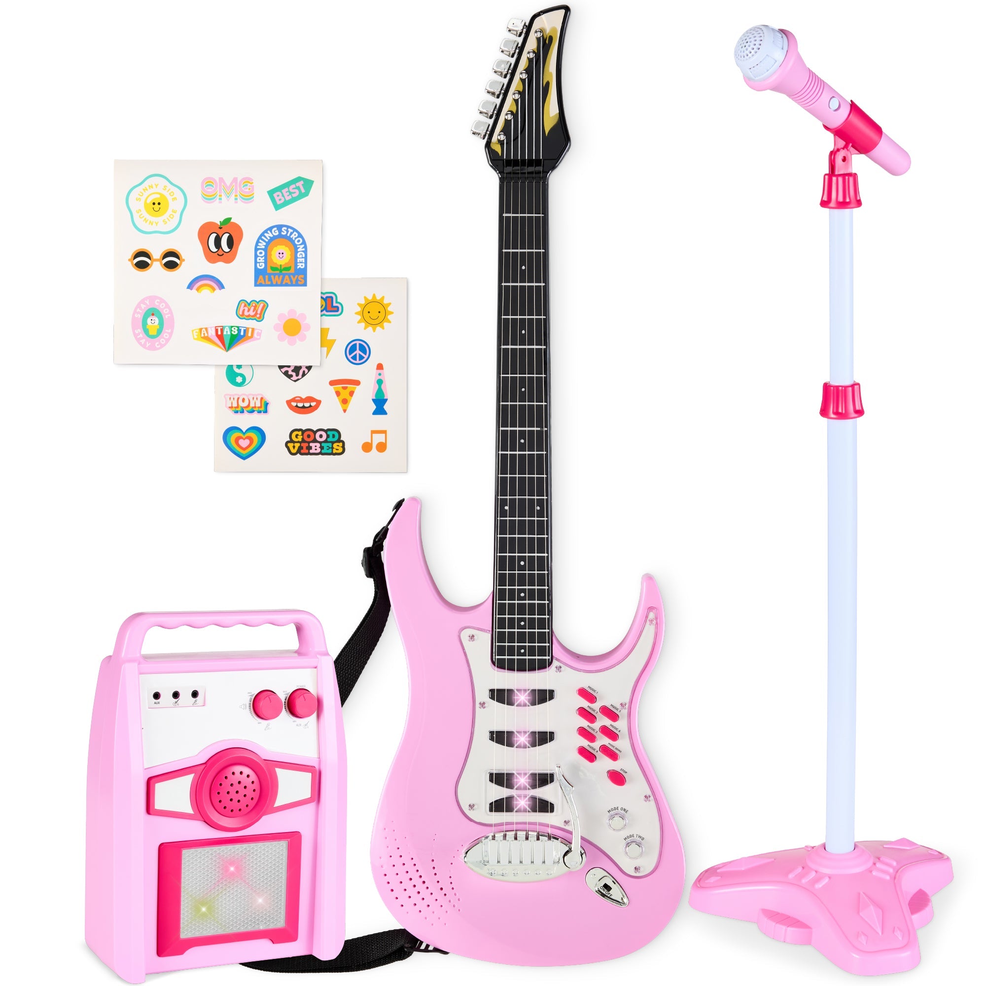 Kids Electric Guitar Toy Play Set w/ 6 Songs, Microphone, Amp - Soft Pink