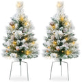 Set of 2 Pre-Lit Pathway Christmas Trees w/ Pine Cones, Timer - 24.5in - Flocked