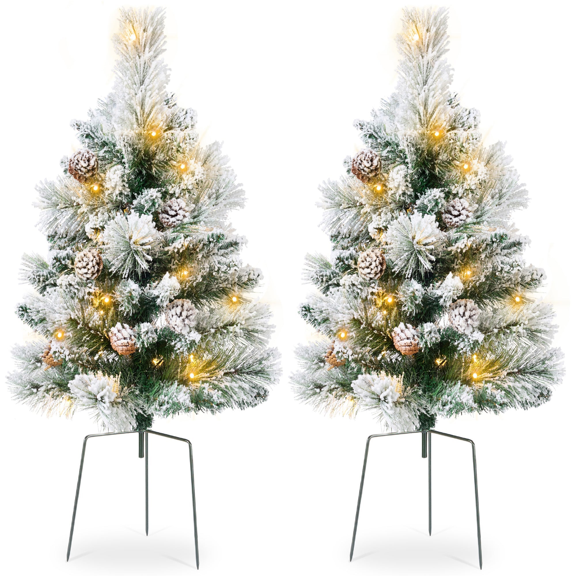 Set of 2 Pre-Lit Pathway Christmas Trees w/ Pine Cones, Timer - 24.5in - Flocked