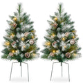 Set of 2 Pre-Lit Pathway Christmas Trees w/ Pine Cones, Timer - 24.5in - Frosted