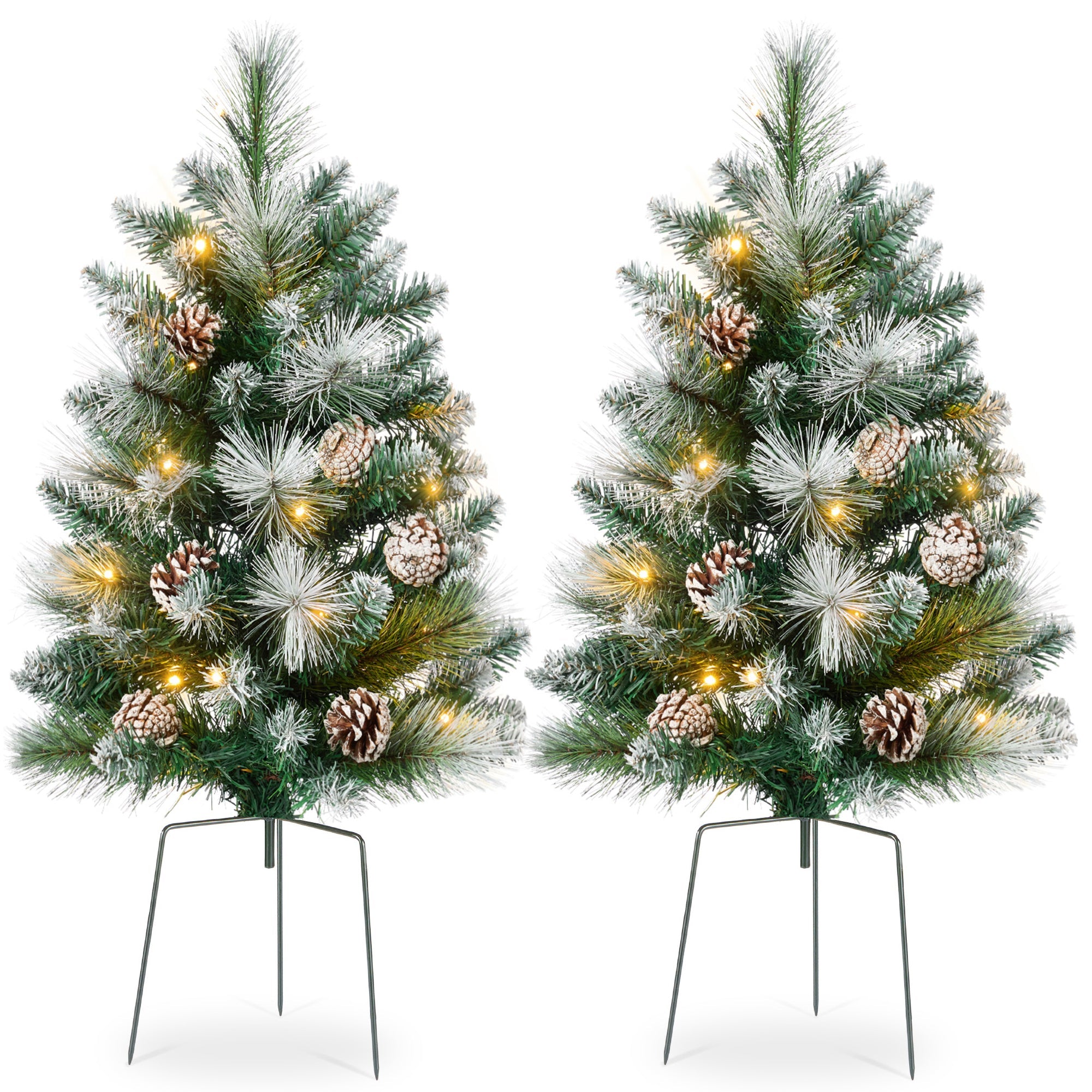 Set of 2 Pre-Lit Pathway Christmas Trees w/ Pine Cones, Timer - 24.5in - Frosted