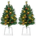 Set of 2 Pre-Lit Pathway Christmas Trees w/ Pine Cones, Timer - 24.5in - Green