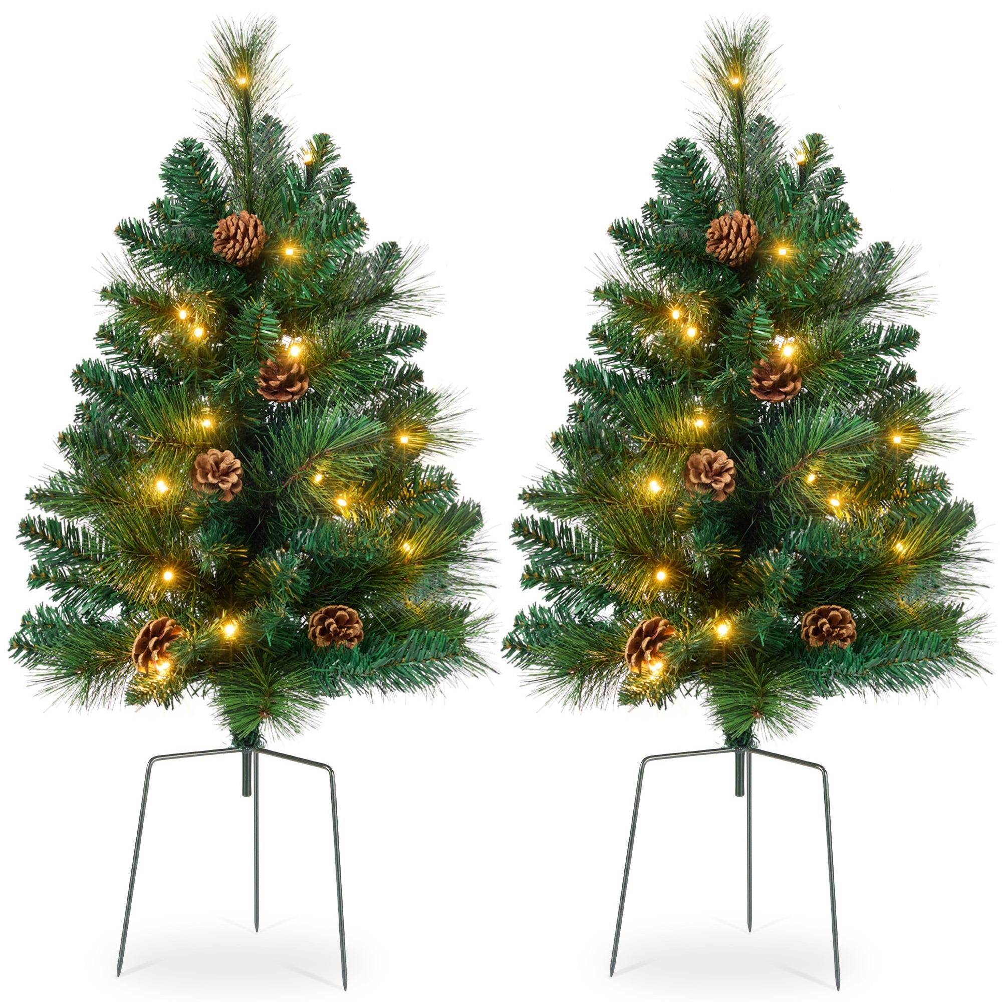 Set of 2 Pre-Lit Pathway Christmas Trees w/ Pine Cones, Timer - 24.5in - Green