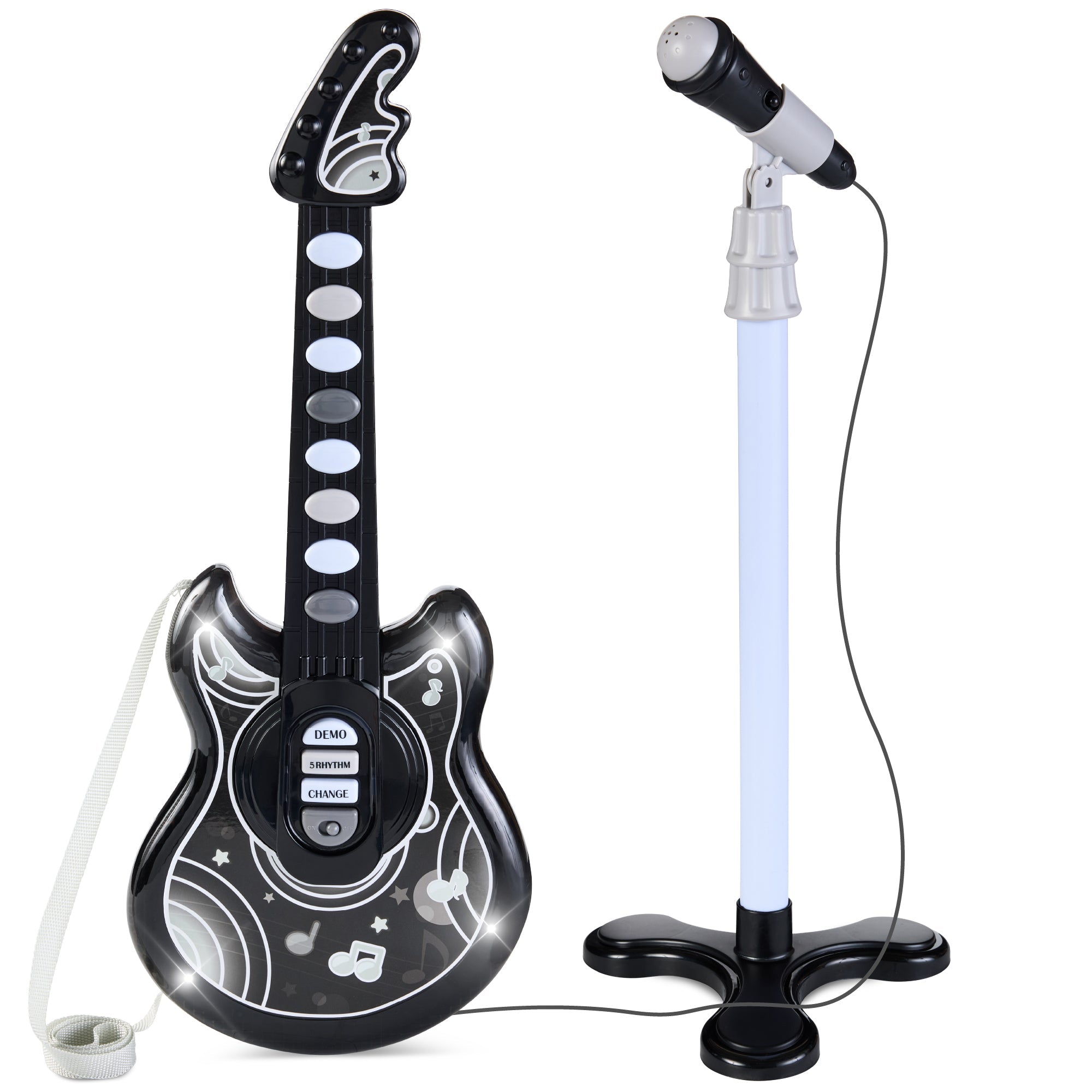 Kids Pretend Play Guitar Musical Instrument Toy w/ Microphone, Stand - 19in - Black