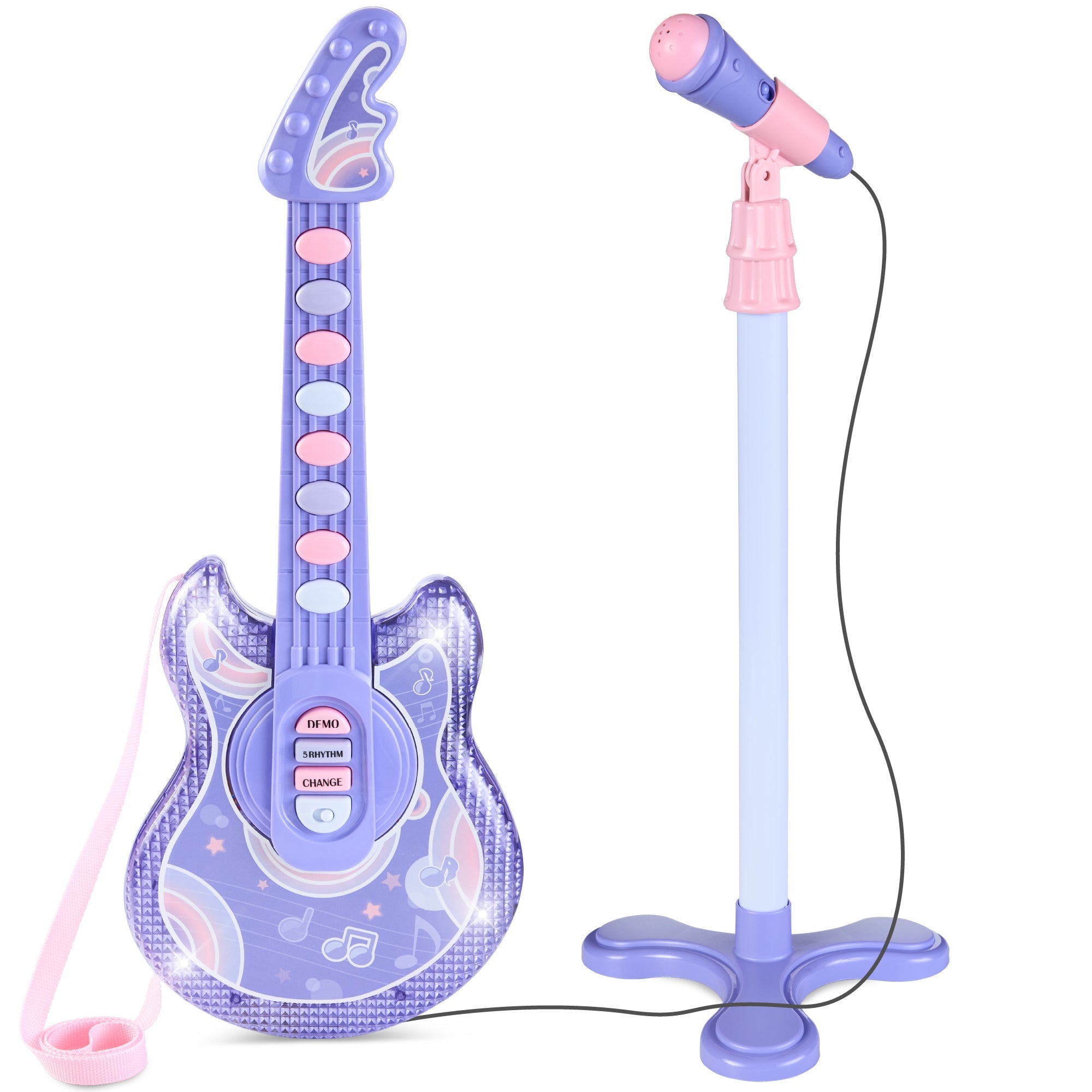 Kids Pretend Play Guitar Musical Instrument Toy w/ Microphone, Stand - 19in - Purple