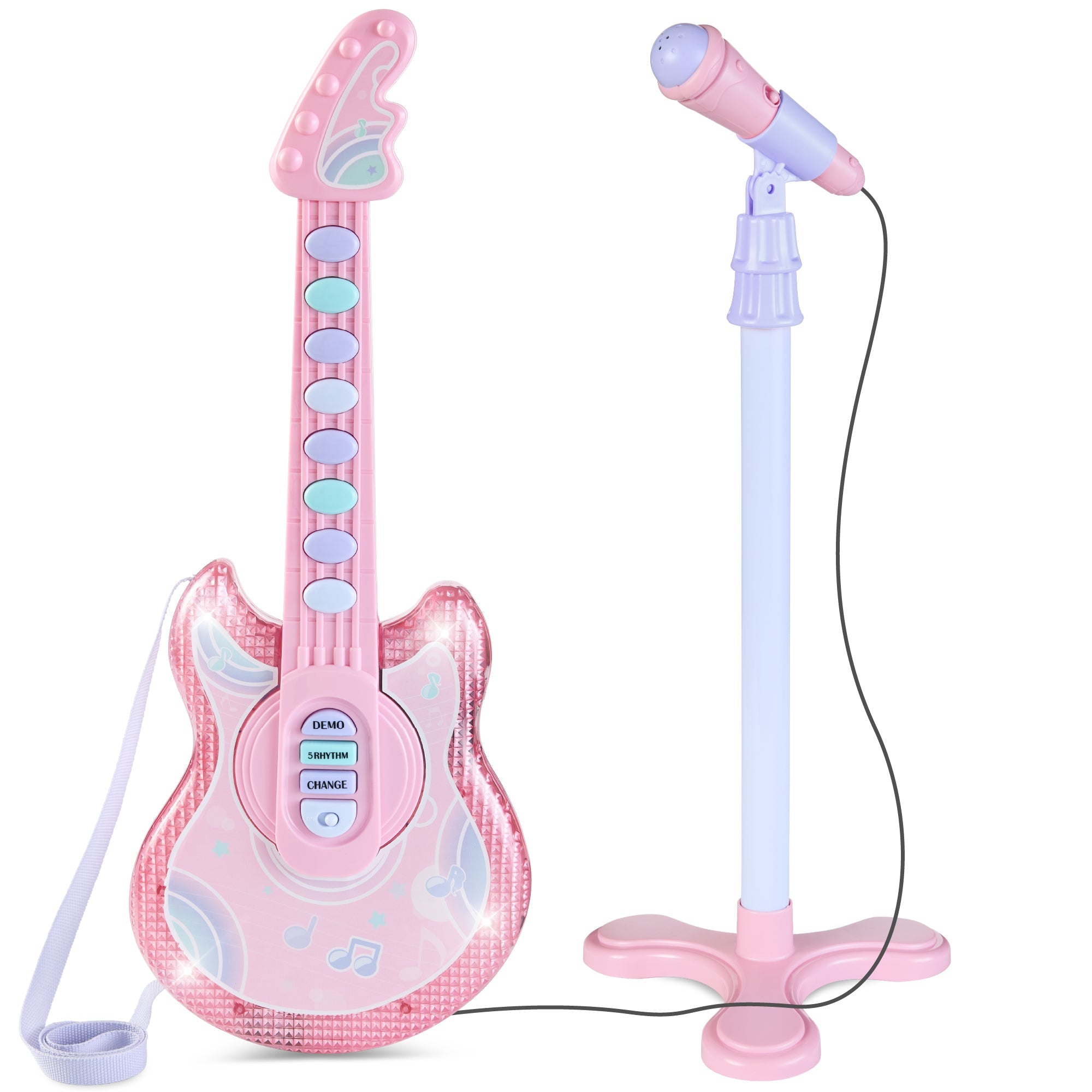 Kids Pretend Play Guitar Musical Instrument Toy w/ Microphone, Stand - 19in - Soft Pink
