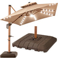 Woodgrain Pattern 2-Tier Outdoor Solar LED Cantilever Umbrella - 10x10ft - Tan