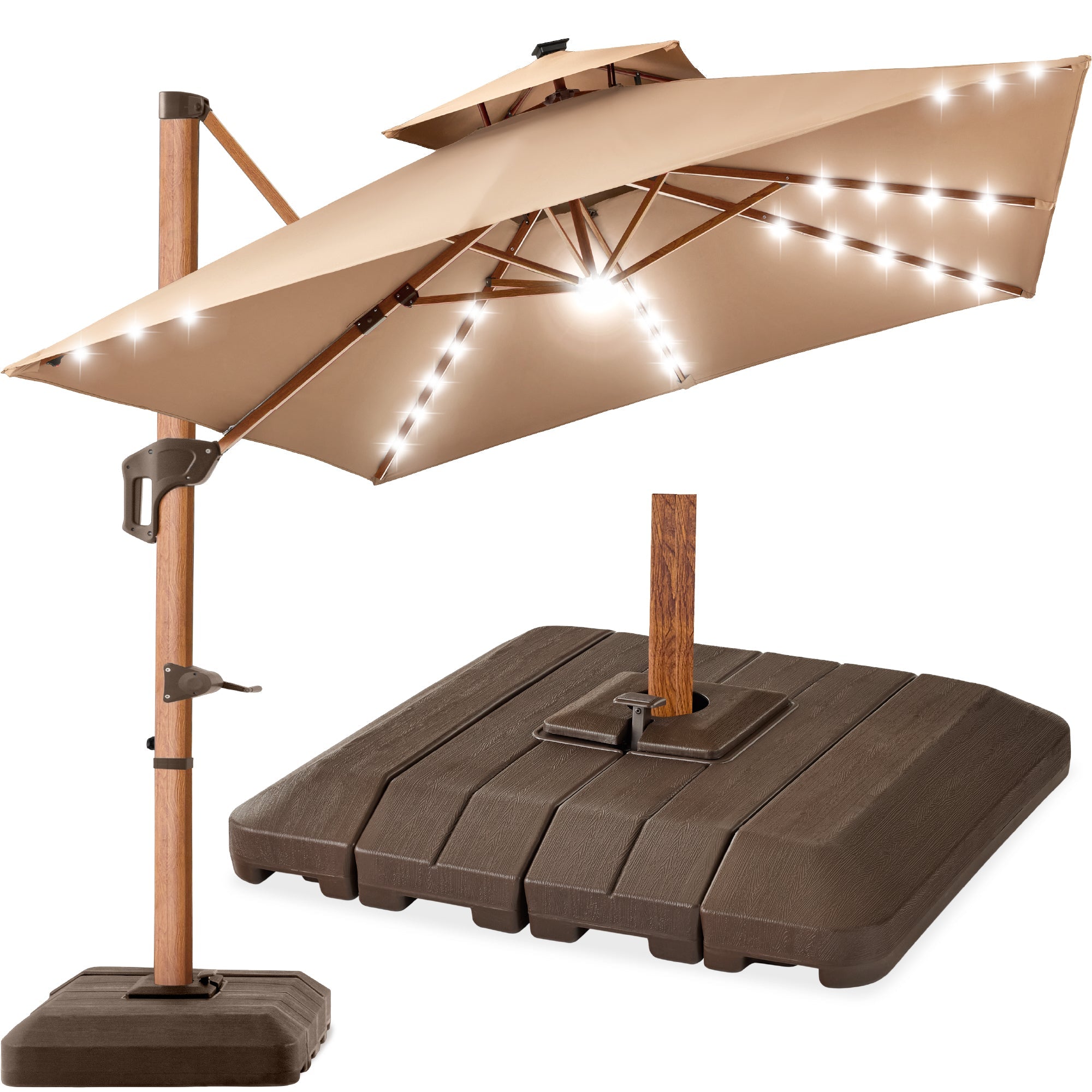 Woodgrain Pattern 2-Tier Outdoor Solar LED Cantilever Umbrella - 10x10ft - Tan