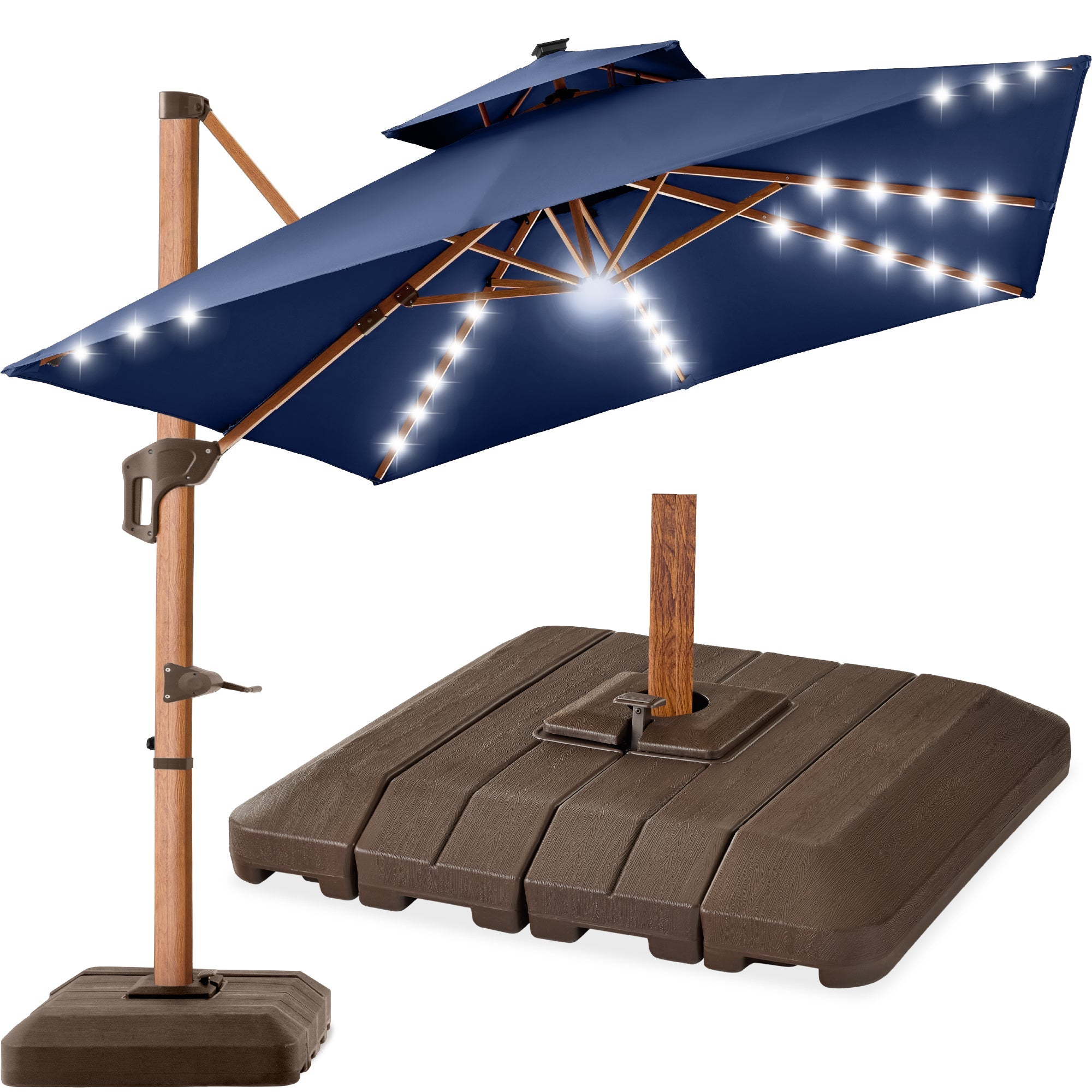Woodgrain Pattern 2-Tier Outdoor Solar LED Cantilever Umbrella - 10x10ft - Navy Blue