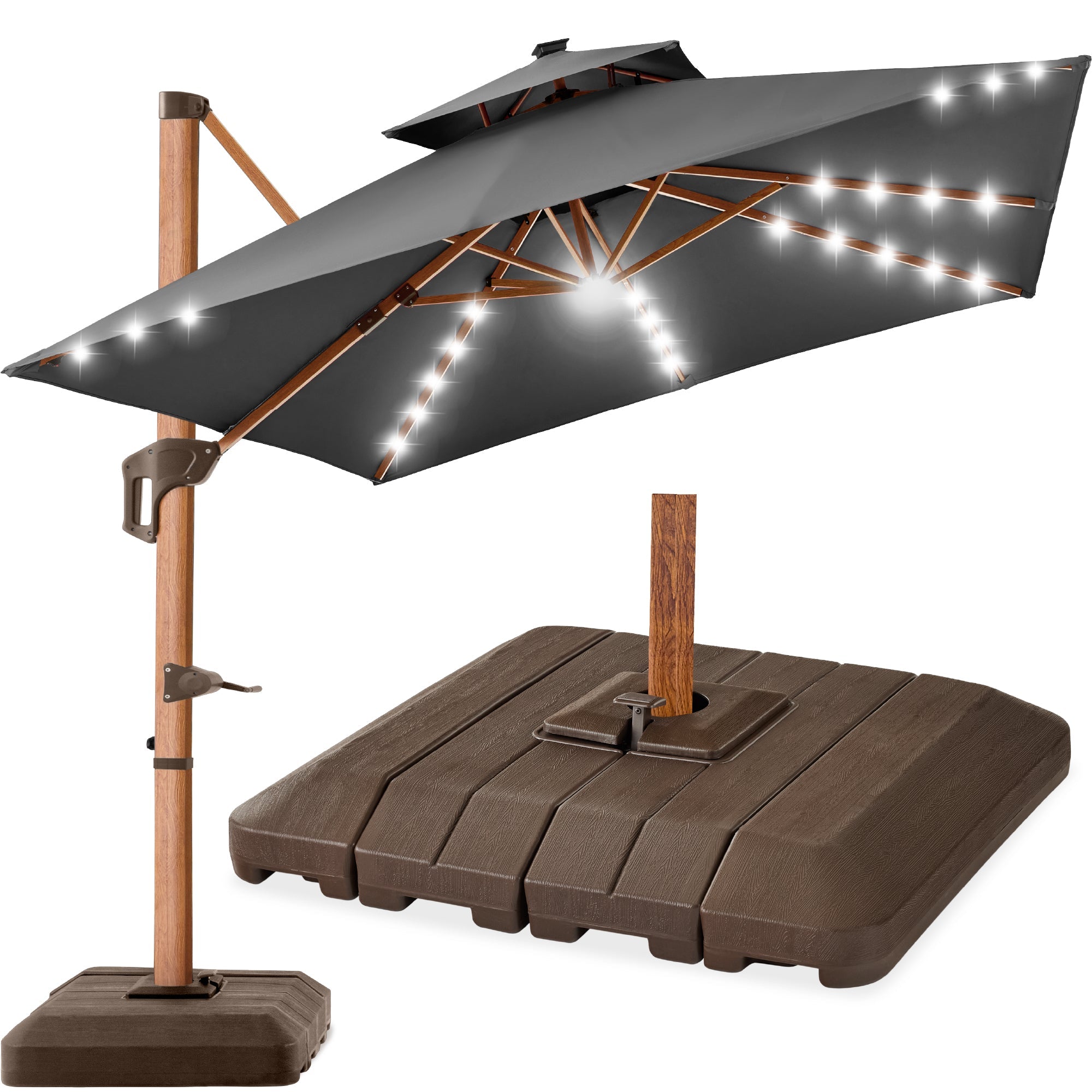 Woodgrain Pattern 2-Tier Outdoor Solar LED Cantilever Umbrella - 10x10ft - Gray