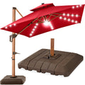 Woodgrain Pattern 2-Tier Outdoor Solar LED Cantilever Umbrella - 10x10ft - Red