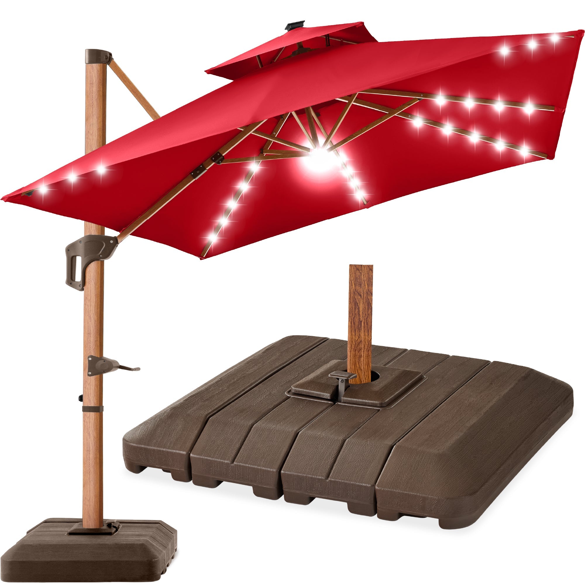 Woodgrain Pattern 2-Tier Outdoor Solar LED Cantilever Umbrella - 10x10ft - Red