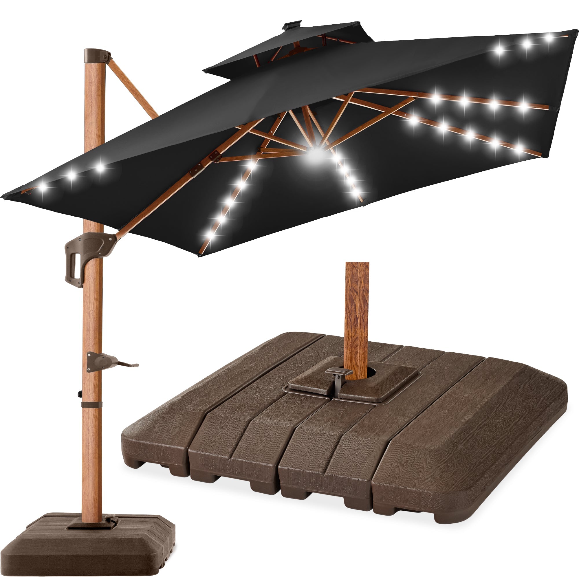 Woodgrain Pattern 2-Tier Outdoor Solar LED Cantilever Umbrella - 10x10ft - Black